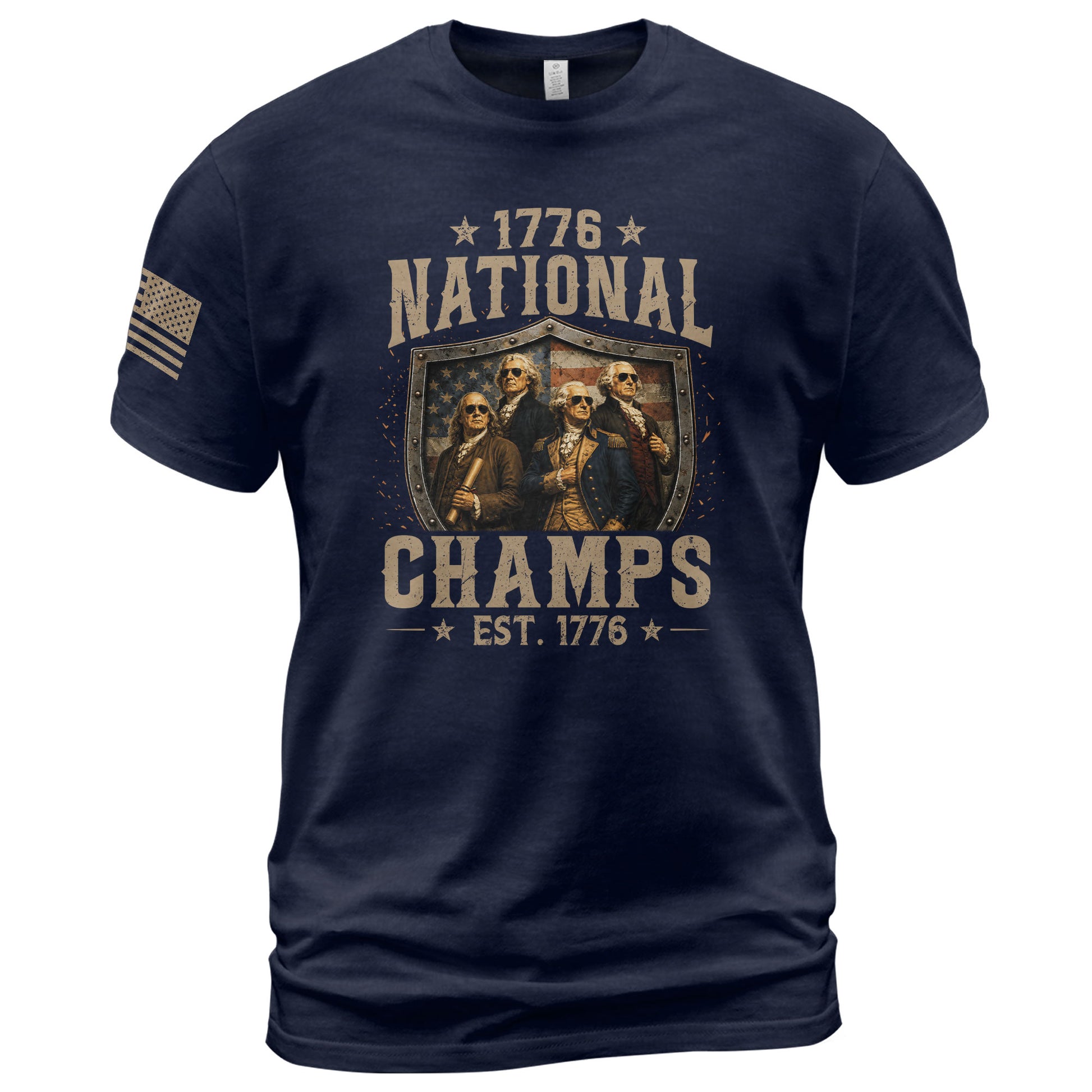 1776 National Champs Patriotic Shield Tee Founding Fathers Graphic Vintage Casual Apparel - Rust Field Wear