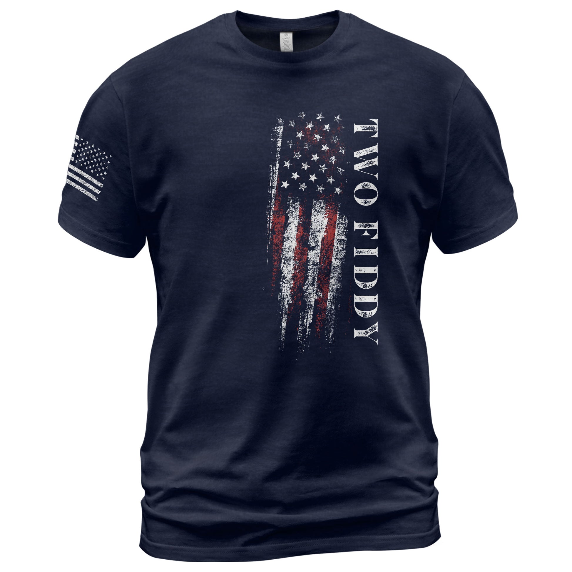 Two Fiddy Patriotic T-Shirt Distressed Vertical Flag Graphic Casual Apparel for Everyone - Rust Field Wear