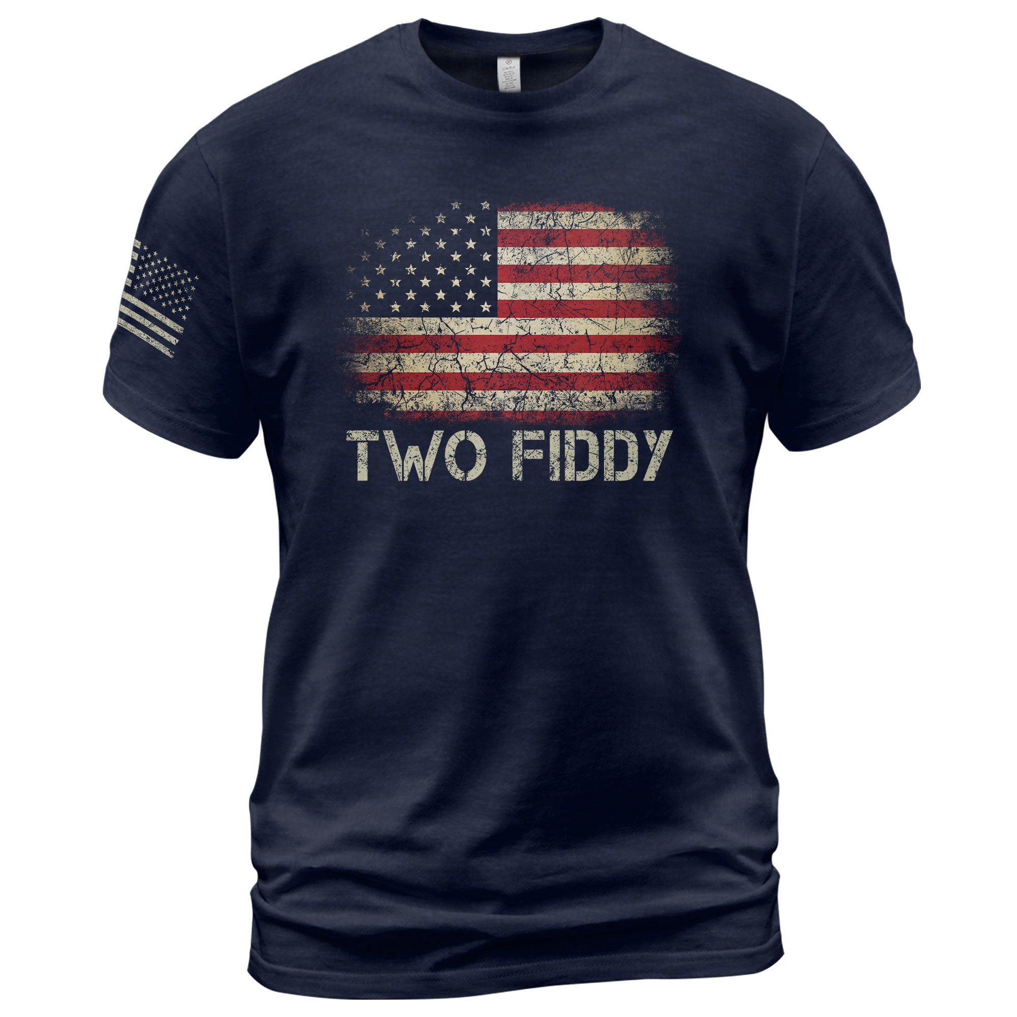 Two Fiddy Graphic T-Shirt Distressed American Flag Print Casual Cotton Short Sleeve Tee - Rust Field Wear