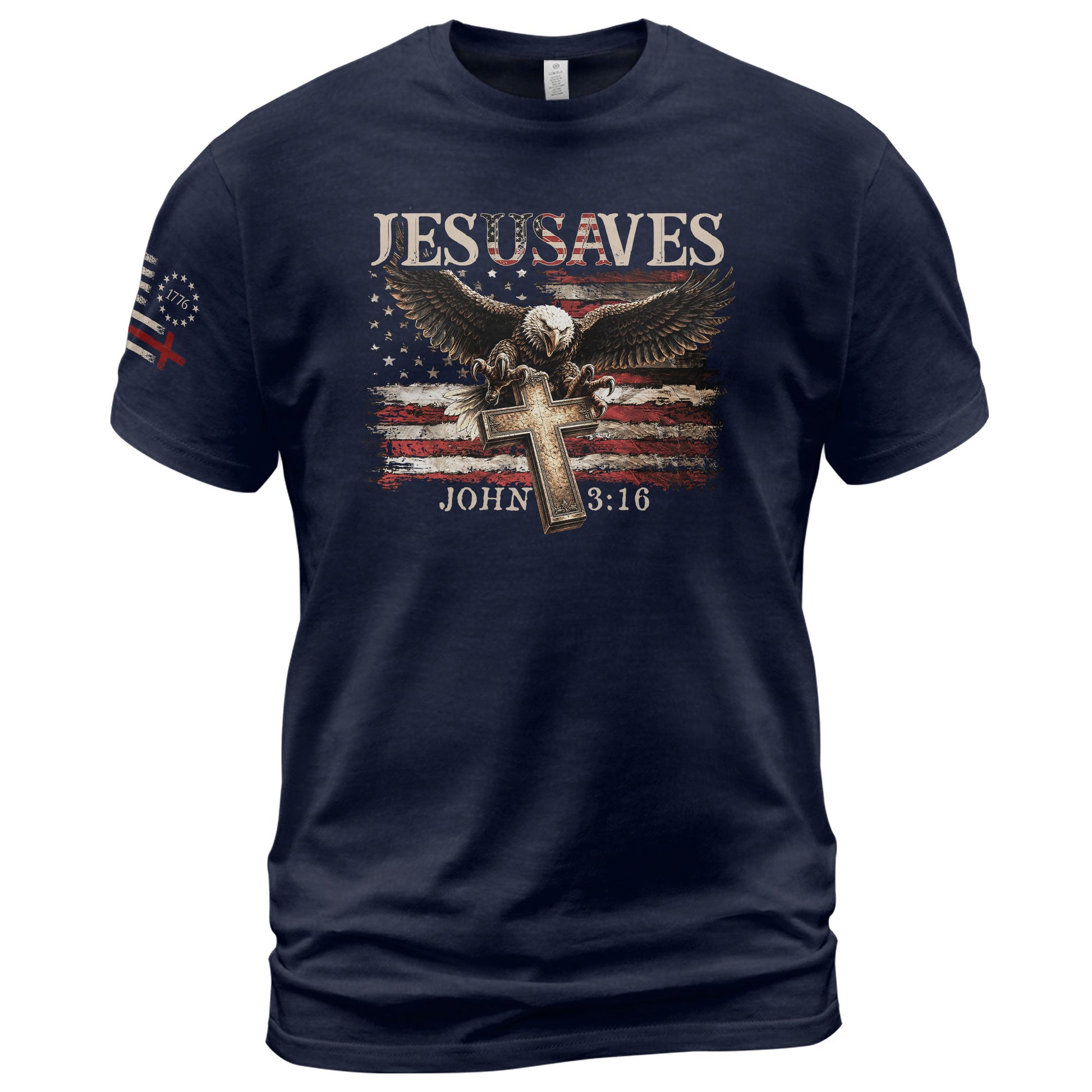 JESUSAVES T-Shirt Patriotic American Flag Bald Eagle Christian John 3:16 Religious Tee - Rust Field Wear