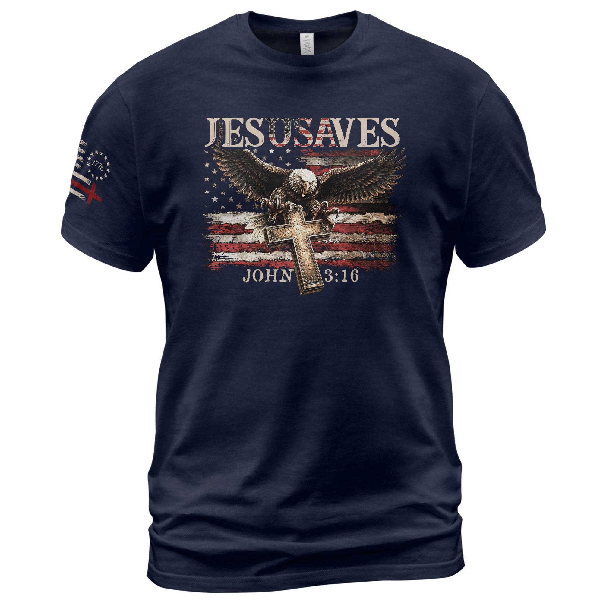 JESUSAVES T-Shirt Patriotic American Flag Bald Eagle Christian John 3:16 Religious Tee - Rust Field Wear