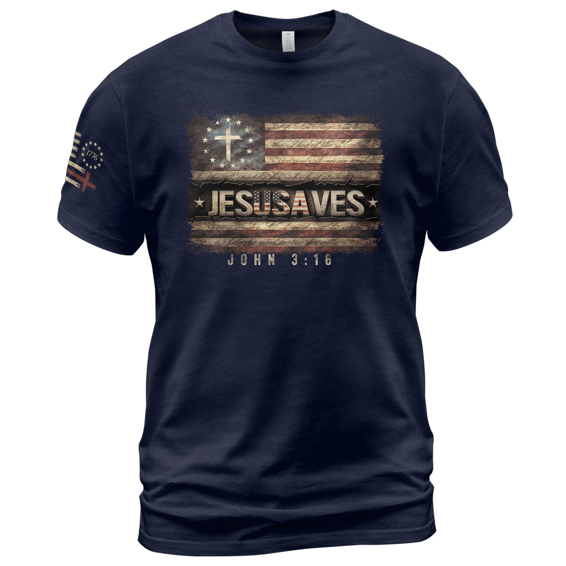 JESUSAVES T-Shirt John 3:16 Pledge of Allegiance Christian Cross Patriotic US Flag Tee - Rust Field Wear