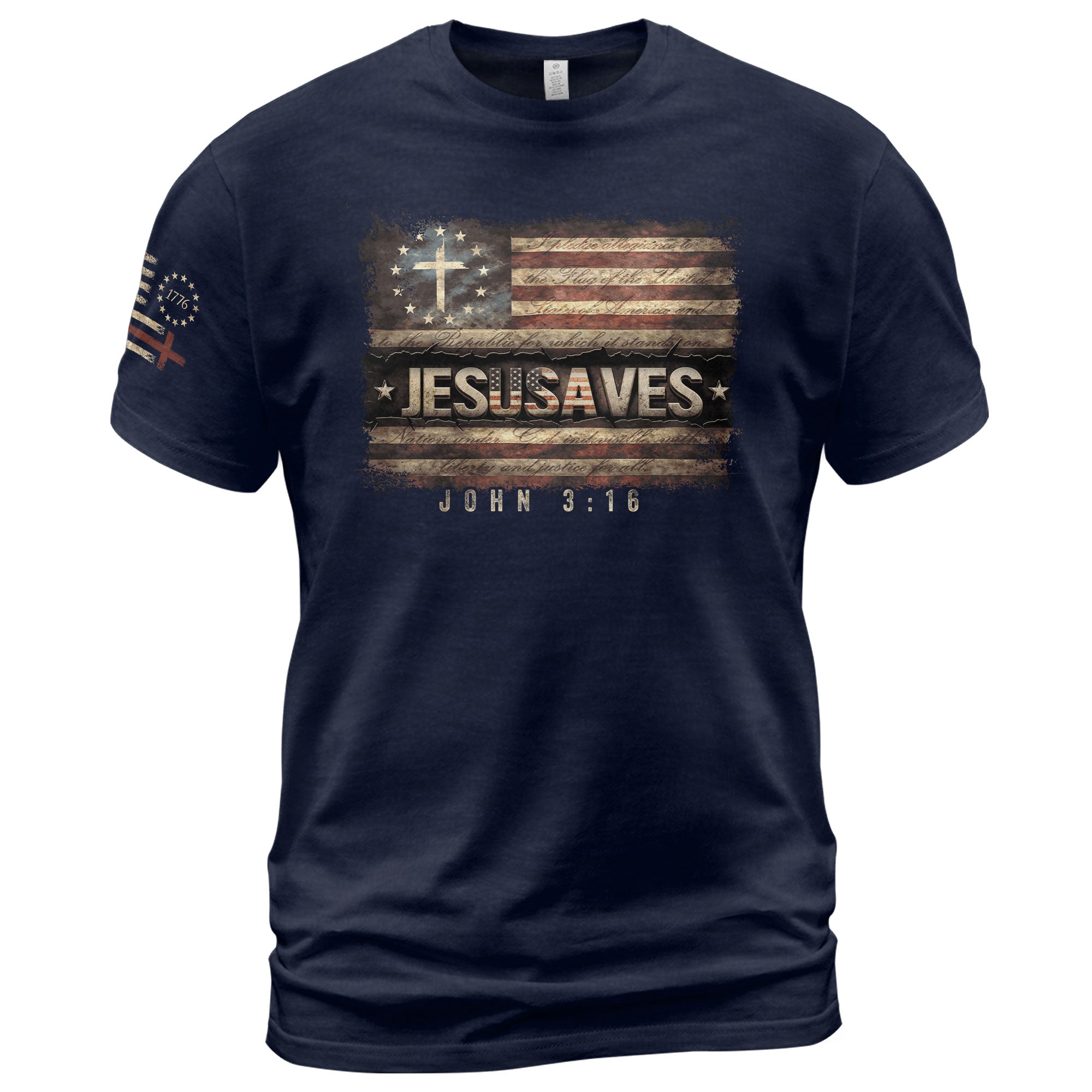 JESUSAVES T-Shirt John 3:16 Pledge of Allegiance Christian Cross Patriotic US Flag Tee - Rust Field Wear