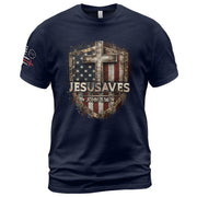 JESUSAVES T-Shirt Patriotic Shield Christian Cross American Flag John 3:16 Graphic Tee - Rust Field Wear