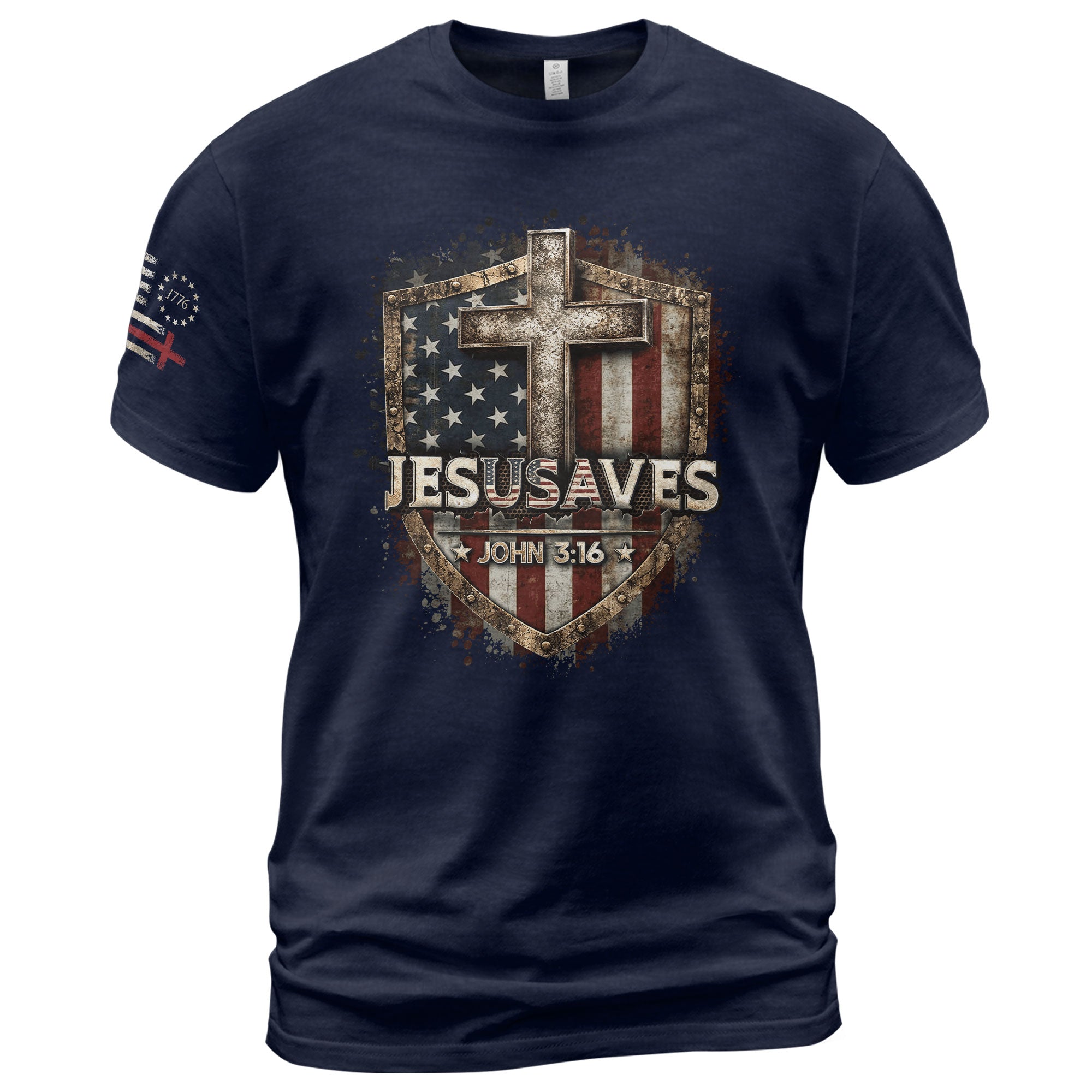 JESUSAVES T-Shirt Patriotic Shield Christian Cross American Flag John 3:16 Graphic Tee - Rust Field Wear