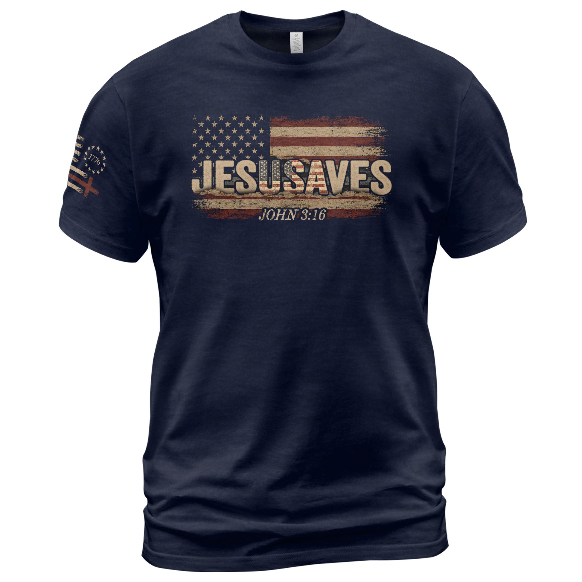 JESUSAVES T-Shirt John 3:16 Patriotic American Flag Distressed Christian Faith Tee - Rust Field Wear