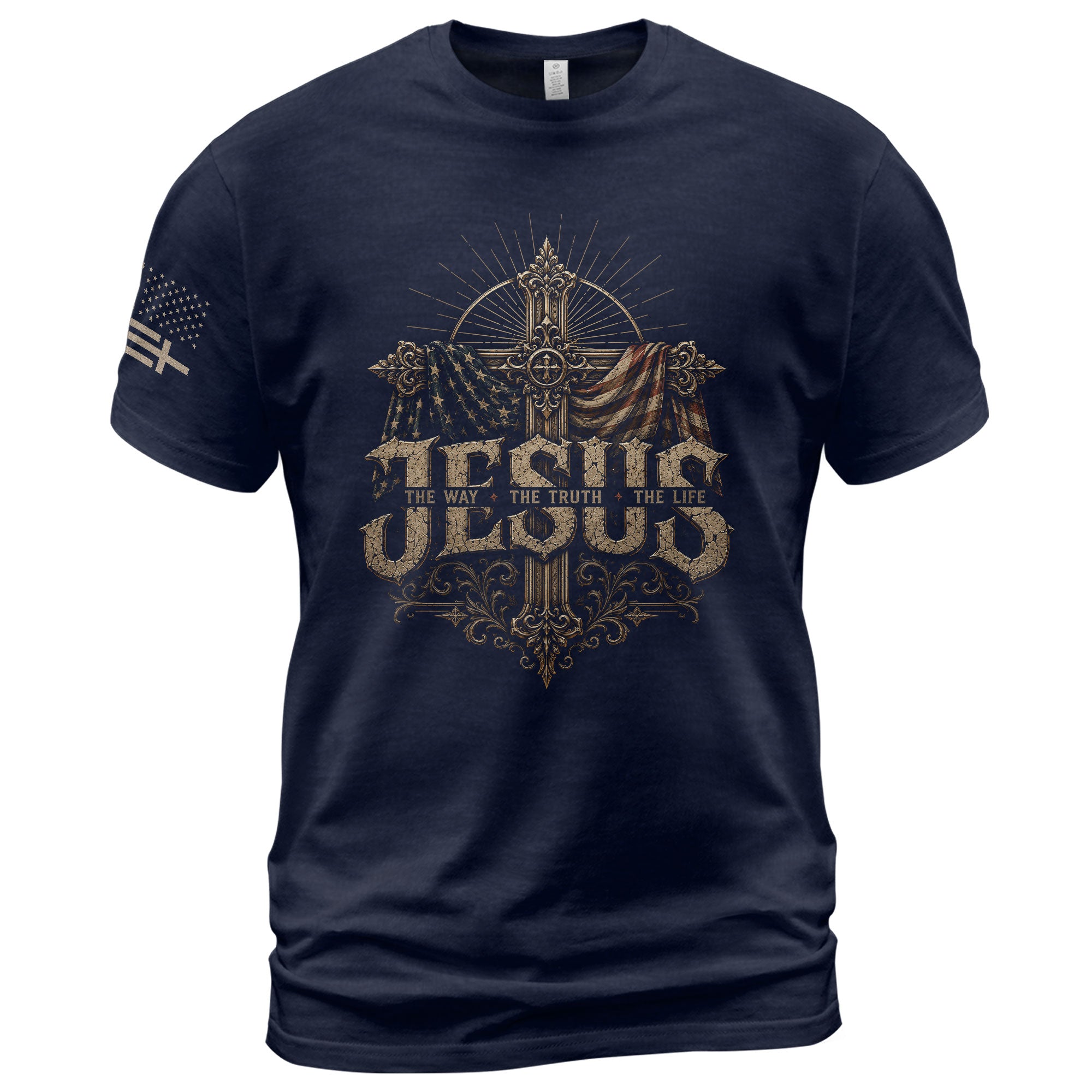 Jesus The Way The Truth The Life Christian Cross American Flag Religious T-Shirt Tee - Rust Field Wear