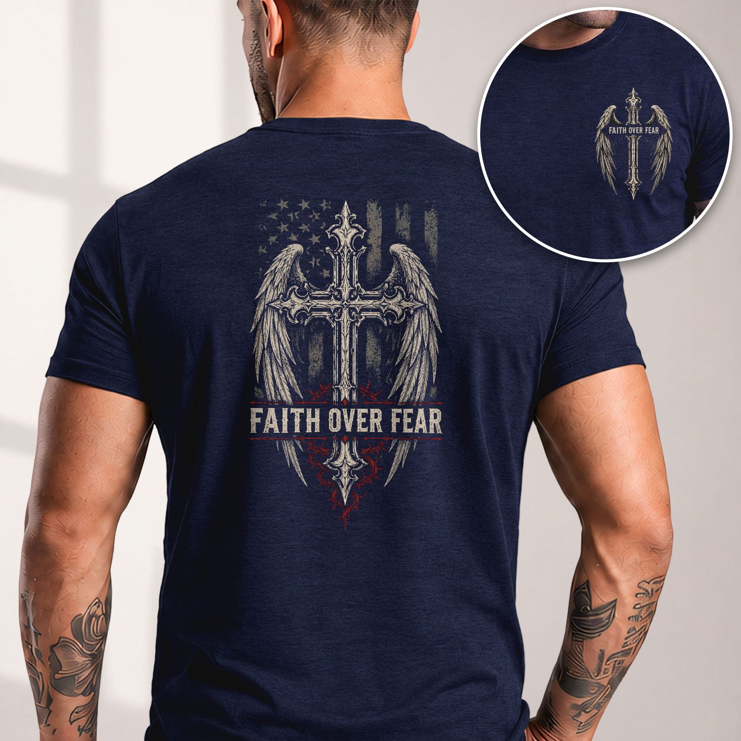 Faith Over Fear Shirt Men Wings Cross Christian T-Shirt Thorns Crown Religious Faith Tee