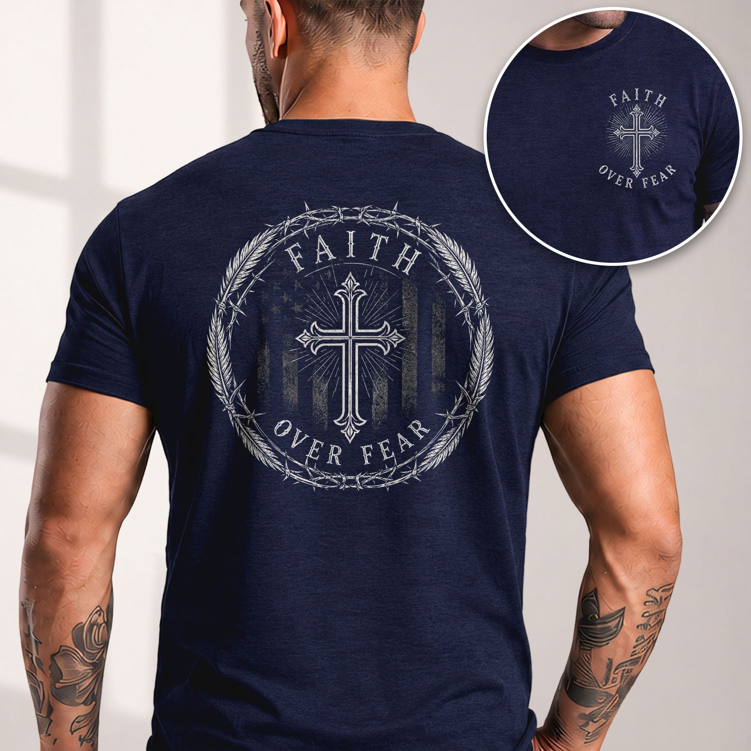 Faith Over Fear Shirt Men Christian T-Shirt Crown Thorns Cross Flag Graphic Religious Tee