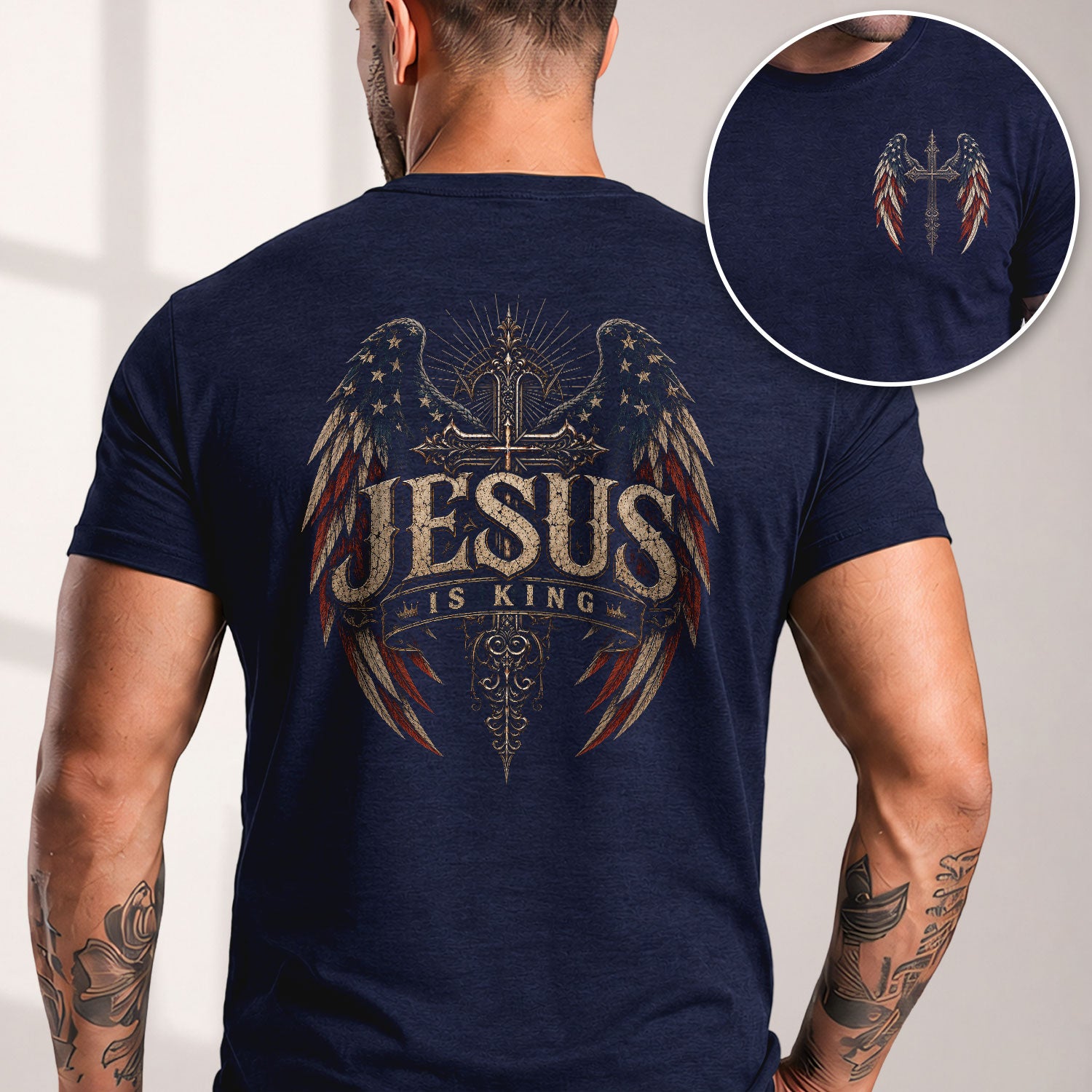 Jesus Is King T Shirt American Flag Cross Angel Wings Religious Apparel Tee Top Unisex