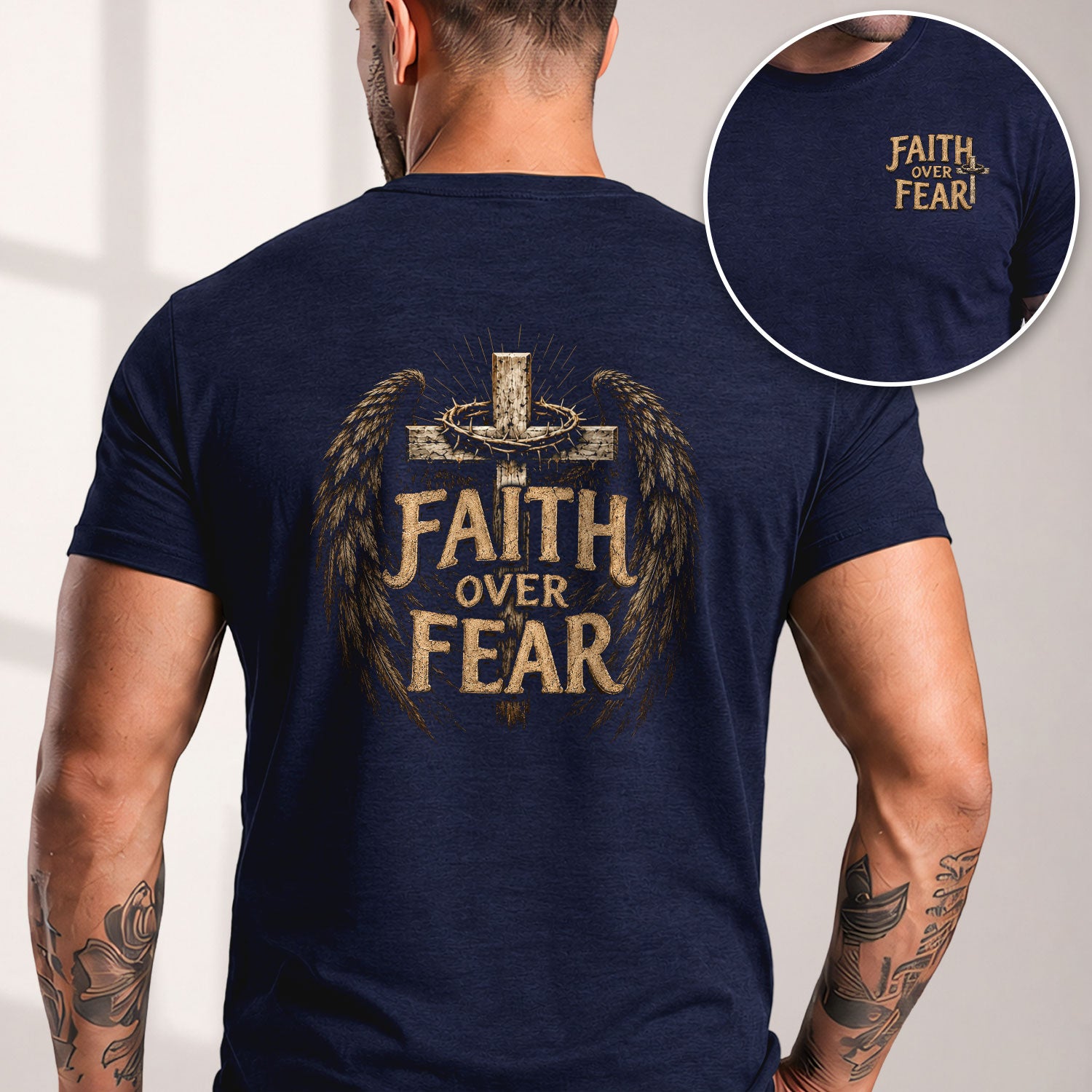 Faith Over Fear Cross Wings Crown Christian Graphic T-Shirt Unisex Casual Apparel - Rust Field Wear
