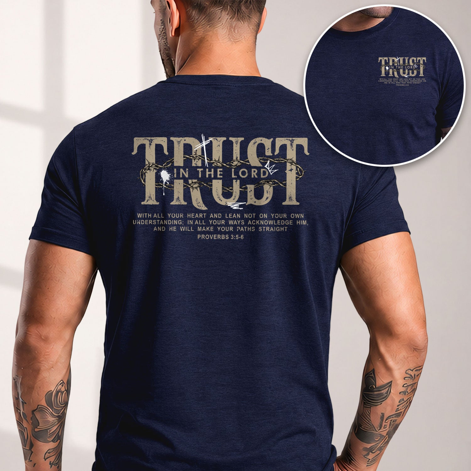 Trust In The Lord Christian Shirt Proverbs 3 5 6 Scripture Verse Cross Graphic Tee - Rust Field Wear