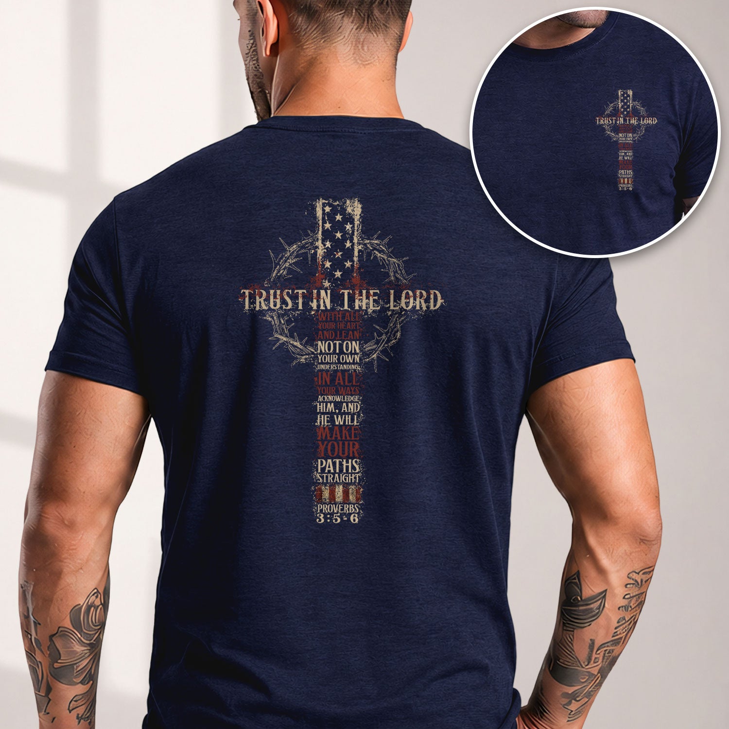 Trust In The Lord Christian T-Shirt Patriotic Flag Cross Crown Of Thorns Tee Proverbs - Rust Field Wear