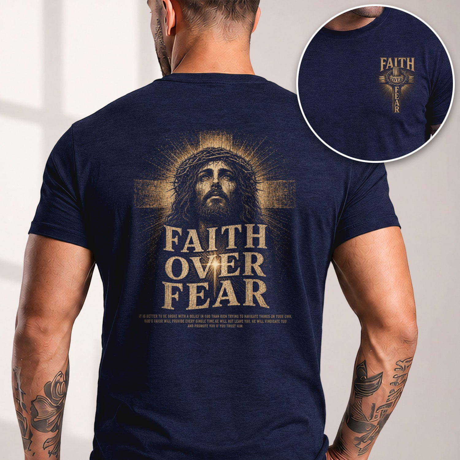 Inspirational Christian T-Shirt Faith Over Fear Jesus Portrait Casual Cotton Top - Rust Field Wear