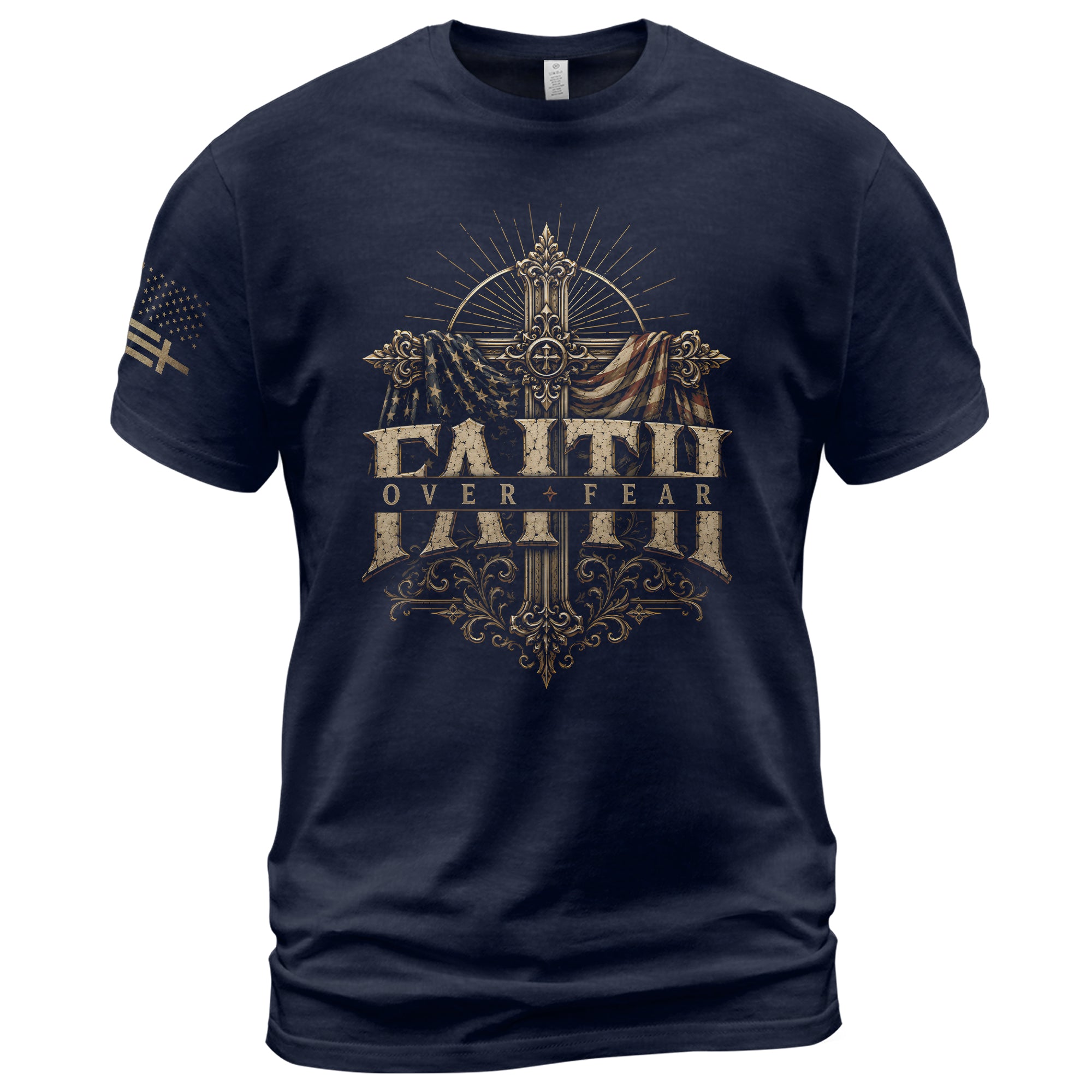 Faith Over Fear T Shirt Christian Cross American Flag Vintage Religious Patriotic Tee
