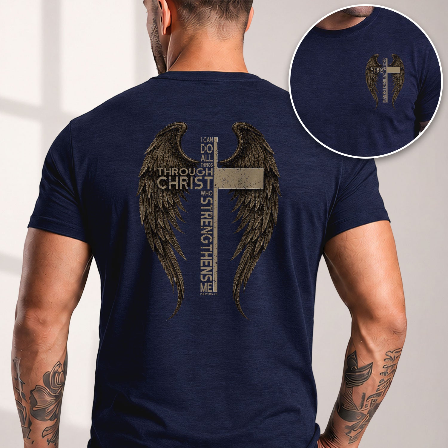 Through Christ Philippians 4 13 Christian Shirt Angel Wings Cross Religious T-Shirt - Rust Field Wear