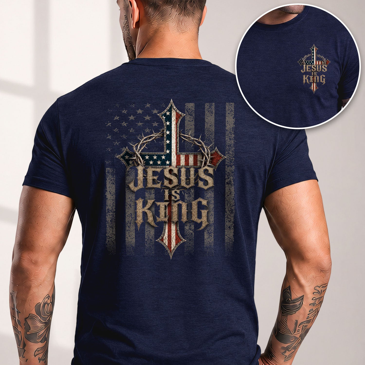 Jesus Is King T Shirt American Flag Cross Crown of Thorns Christian Faith Tee Apparel - Rust Field Wear