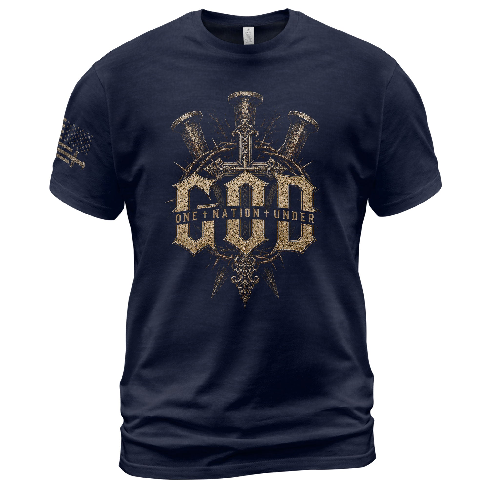 One Nation Under God T Shirt Crucifixion Nails Crown Of Thorns Cross Religious Tee - Rust Field Wear