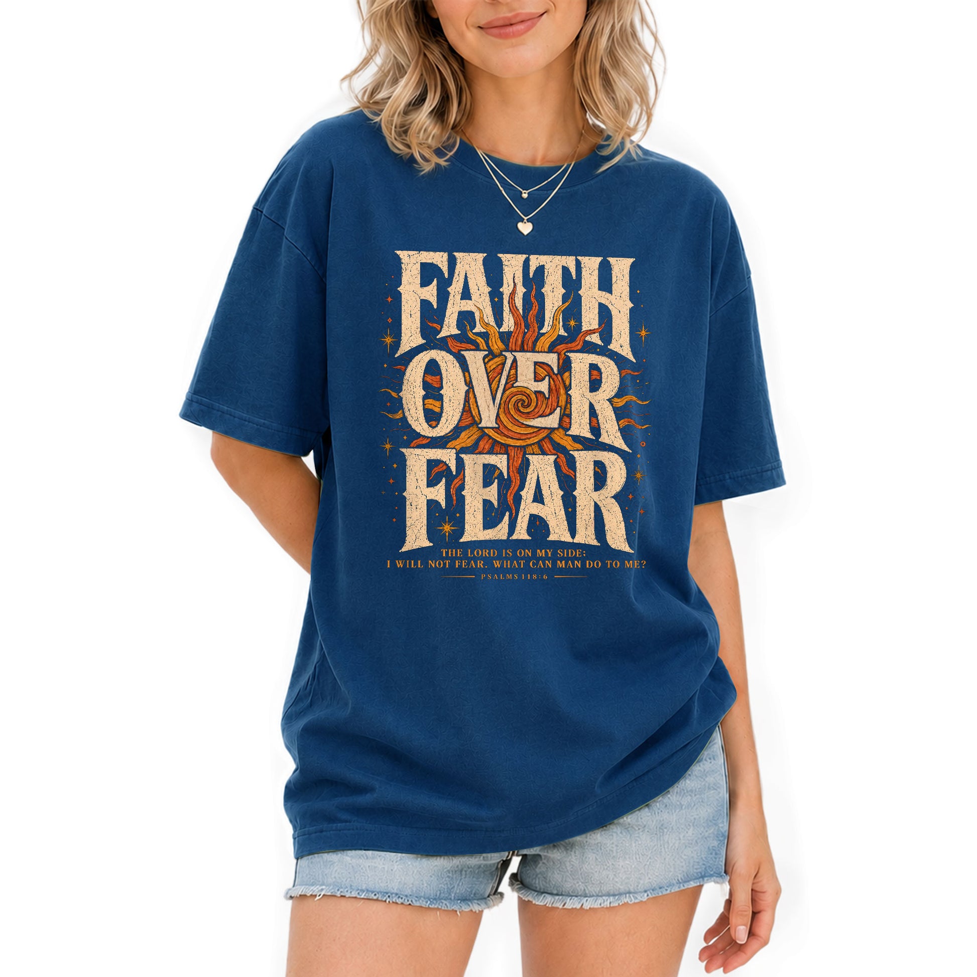 Faith Over Fear T Shirt Christian Women Big Bold Sun Psalm 118 6 Religious Tee Top - Rust Field Wear
