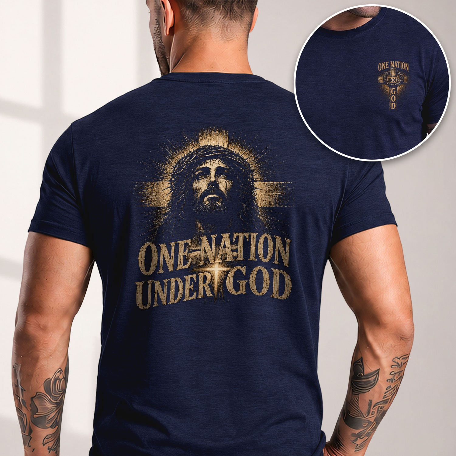 One Nation Under God Shirt Patriotic Christian Men Shirt Jesus Portrait Cross Graphic Tee - Rust Field Wear