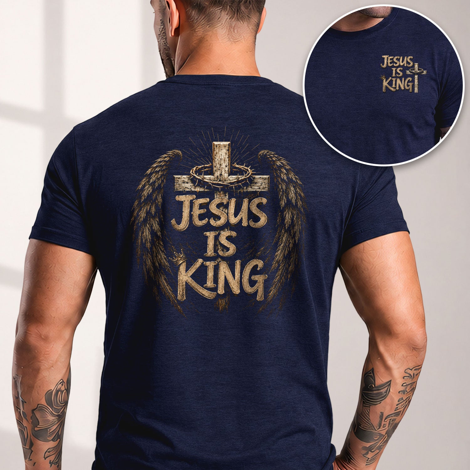 Jesus Is King Shirt Christian Men Shirt Angel Wings Cross Tee Crown Of Thorns Faith Graphic - Rust Field Wear