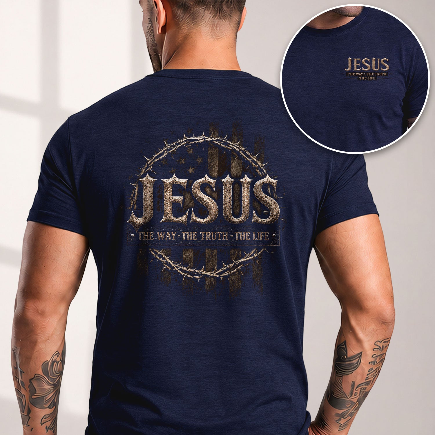 Jesus The Way The Truth The Life Crown Of Thorns Distressed American Flag T Shirt Men - Rust Field Wear