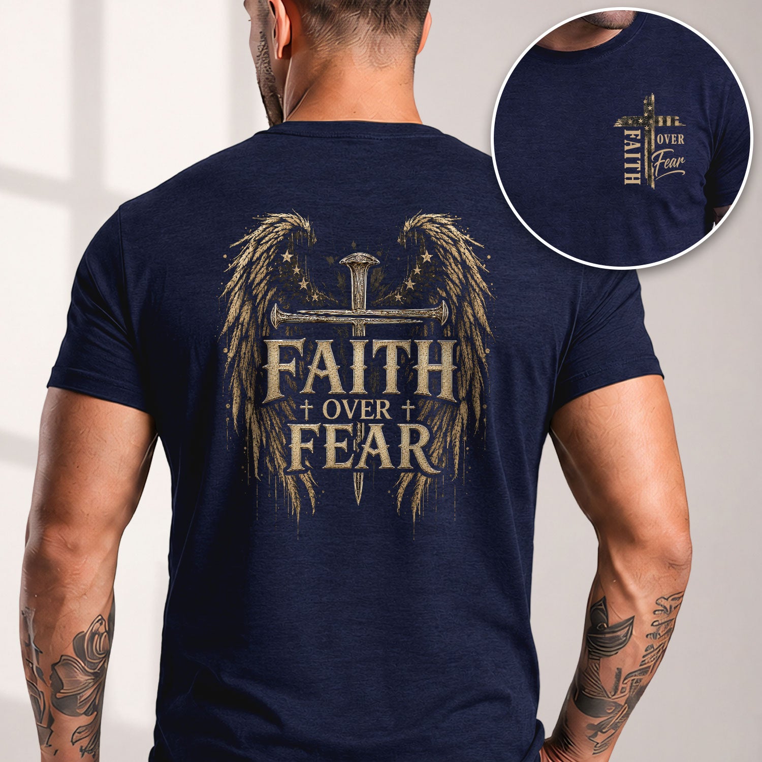 Faith Over Fear Angel Wings Cross Graphic Christian Tee Shirt Apparel Men Clothing - Rust Field Wear