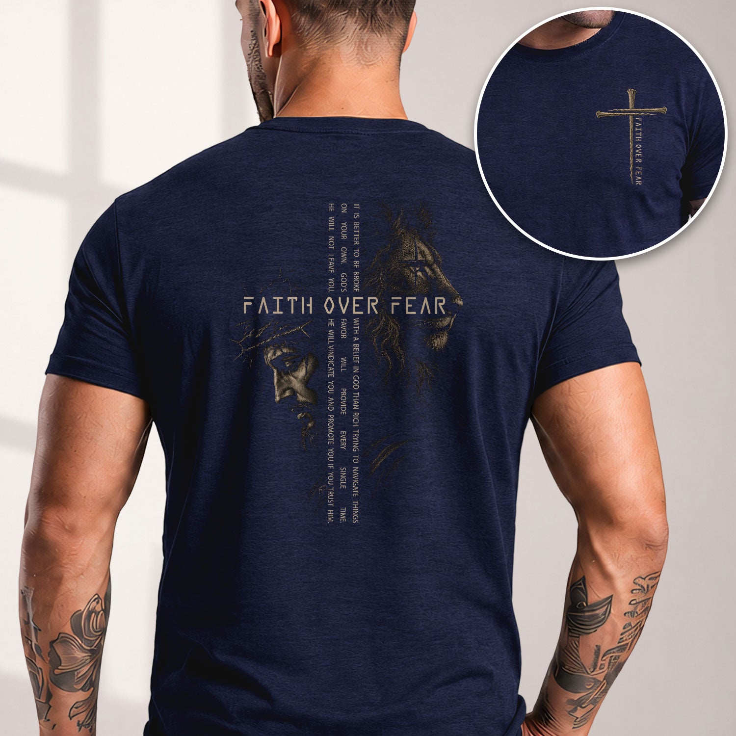 Faith Over Fear Jesus Lion Scripture Graphic Christian T Shirt Apparel Men Clothing - Rust Field Wear