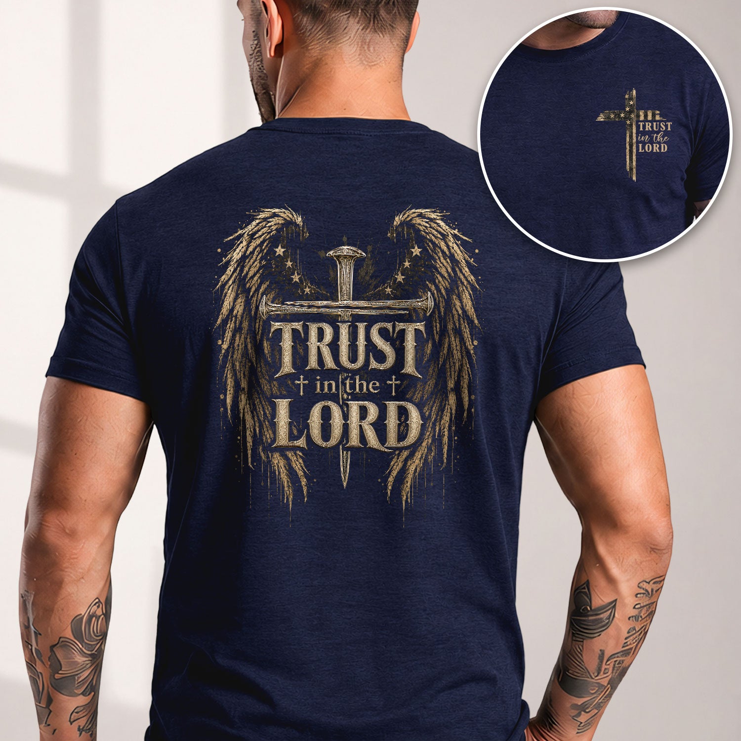 Trust In The Lord Angel Wings Cross Graphic Christian T Shirt Apparel Men Clothing - Rust Field Wear