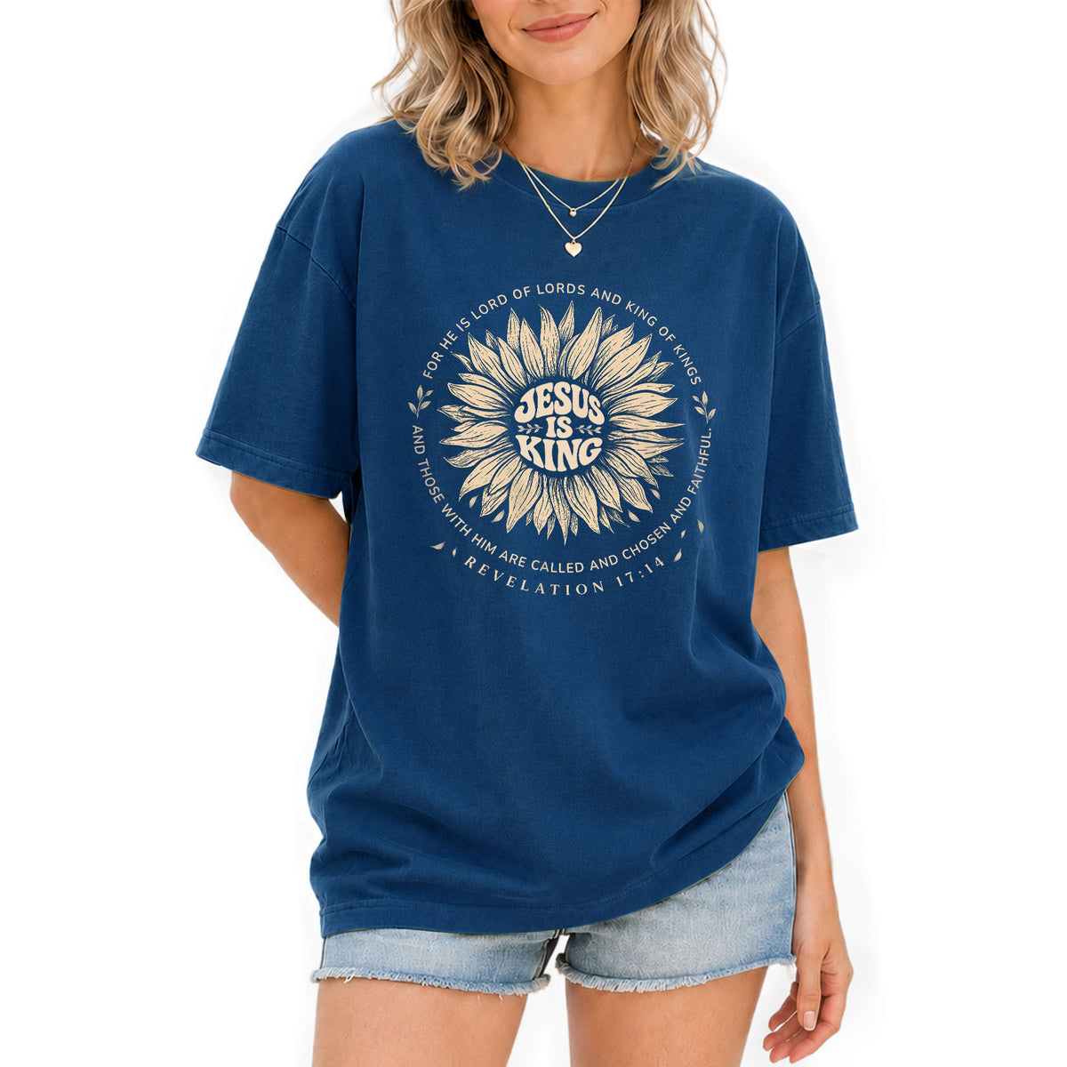 Jesus Is King Sunflower Floral Circle Revelation 17 14 Graphic Christian T Shirt Women - Rust Field Wear