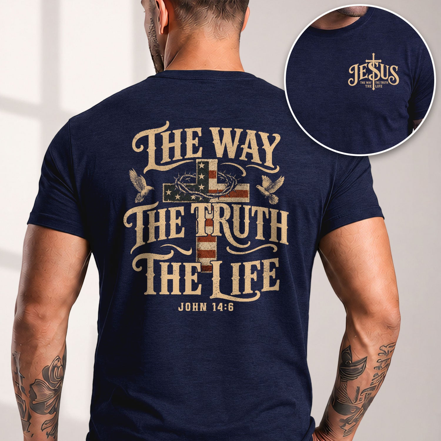 The Way The Truth The Life John American Flag Cross Crown Of Thorns Graphic T Shirt Men - Rust Field Wear
