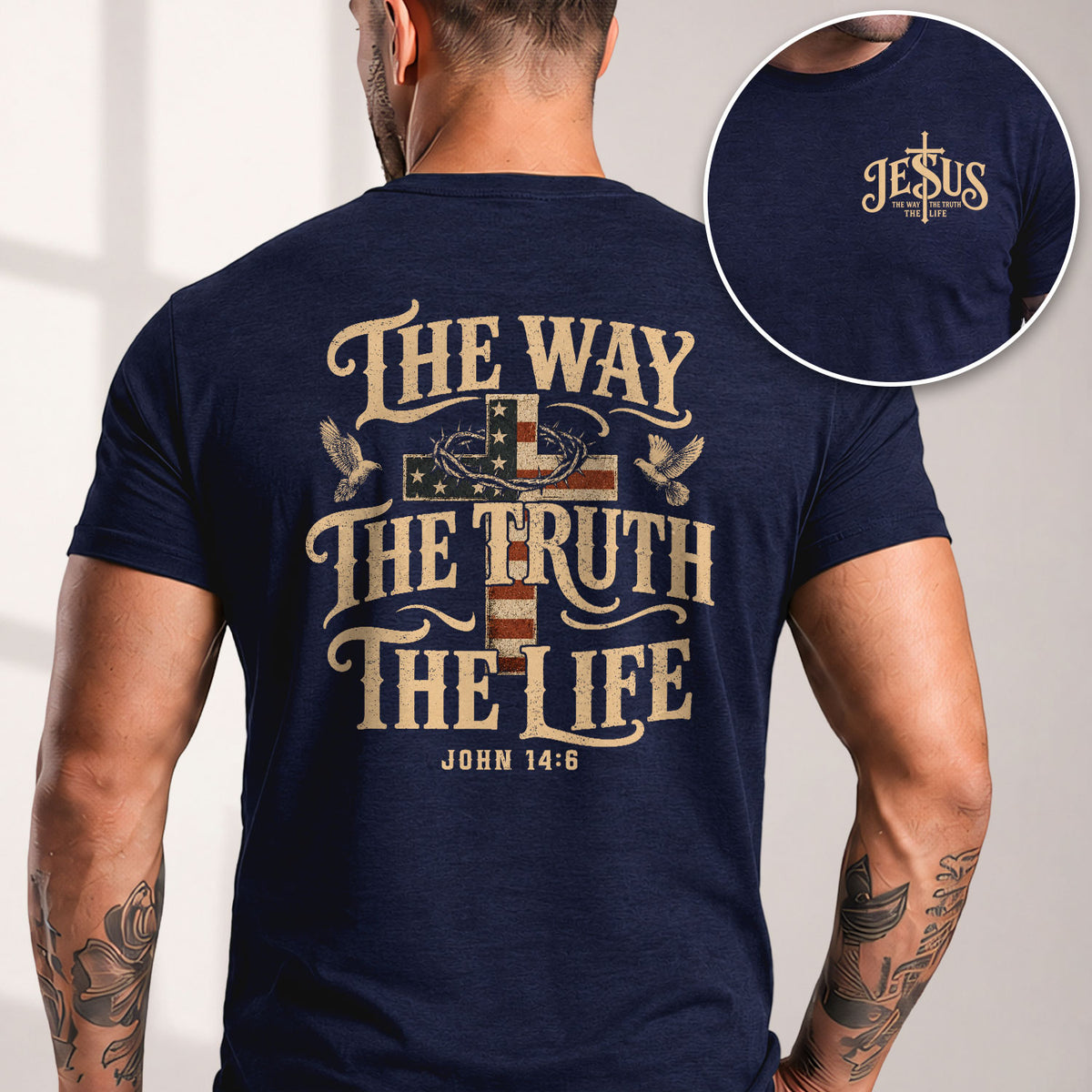 The Way The Truth The Life John American Flag Cross Crown Of Thorns Graphic T Shirt Men - Rust Field Wear