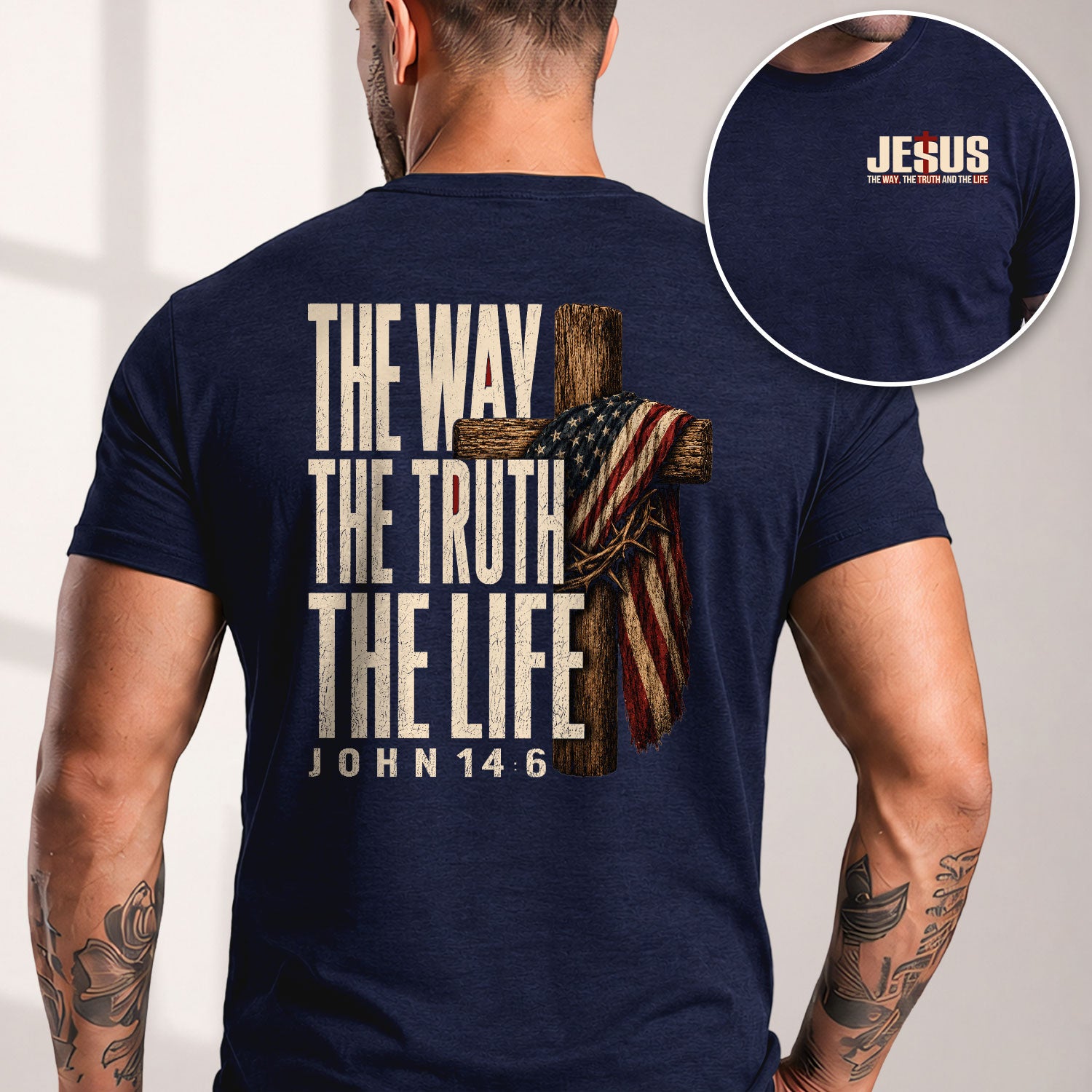 The Way The Truth The Life Christian T Shirt with American Flag Cross and Crown of Thorns - Rust Field Wear