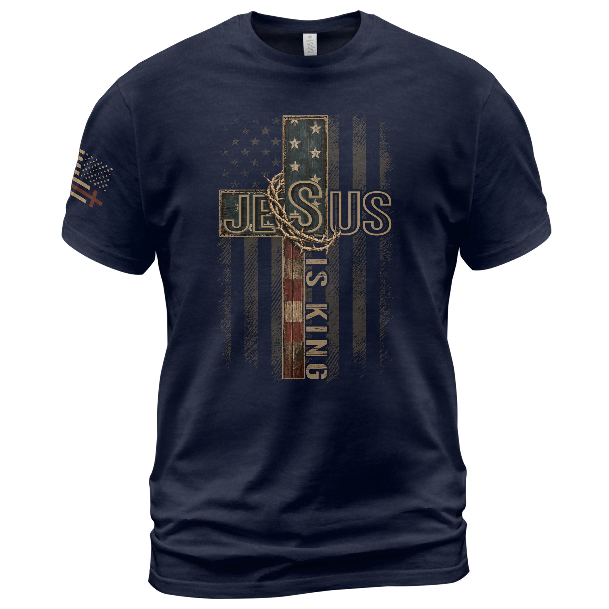 Jesus Is King Shirt Patriotic Christian Men Shirt American Flag Cross Crown Of Thorns Tee - Rust Field Wear