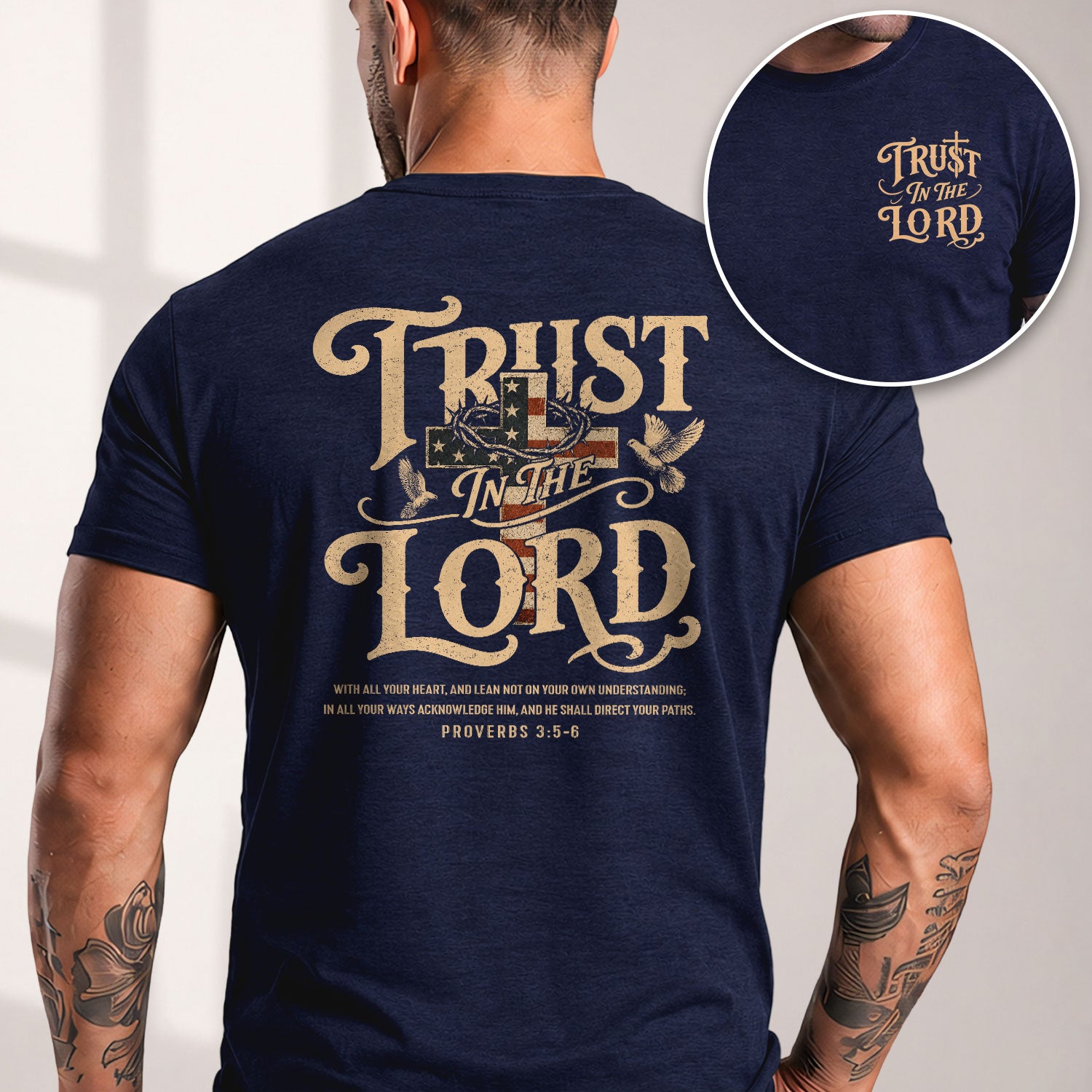 Trust In The Lord Proverbs American Flag Cross Doves Christian Graphic T Shirt Men - Rust Field Wear