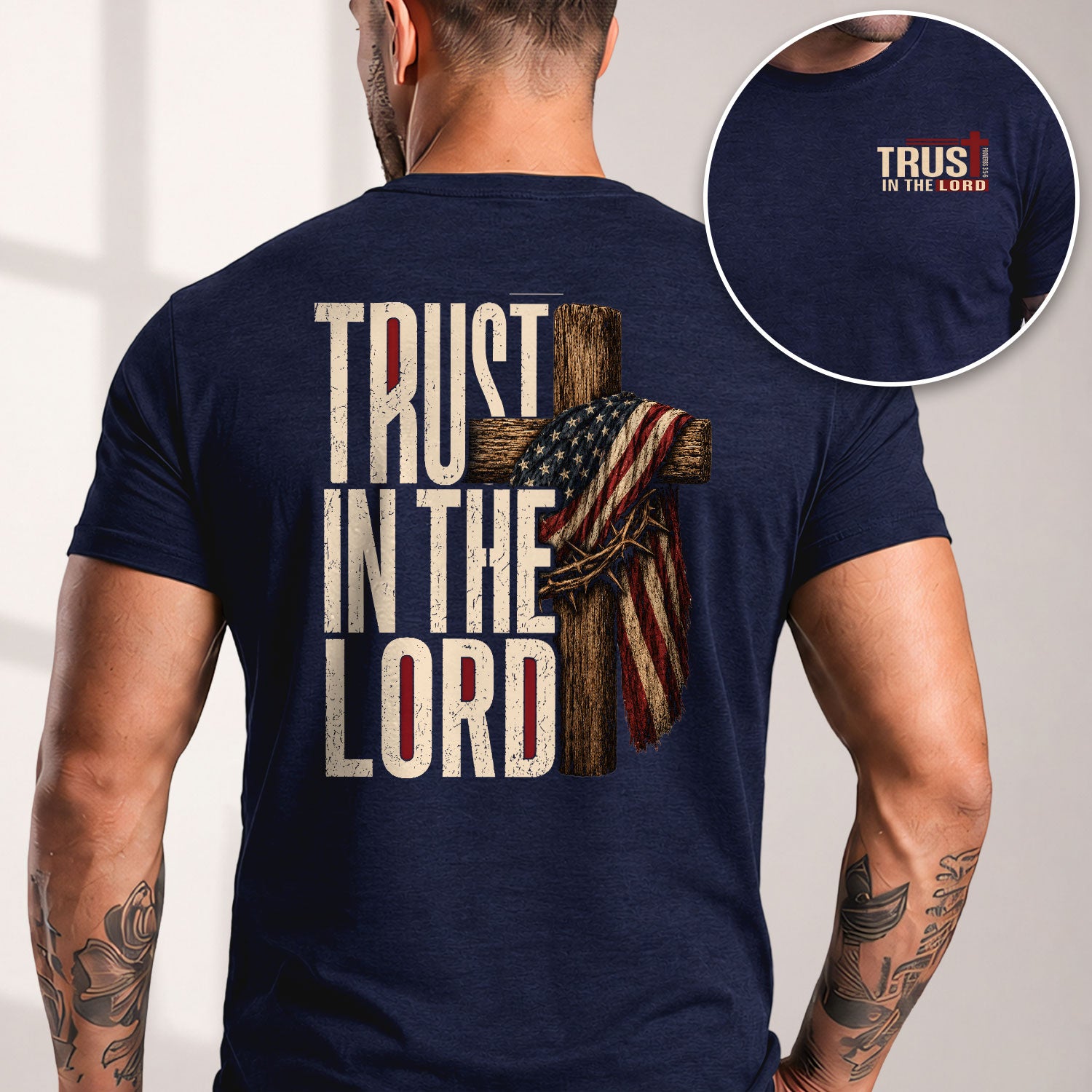 Trust In The Lord American Flag Cross Crown Of Thorns Christian Graphic T Shirt Men - Rust Field Wear