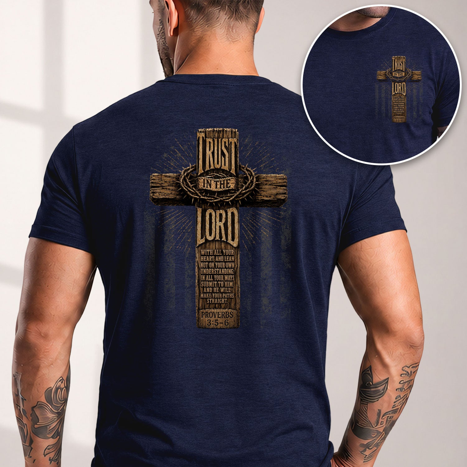 Trust In The Lord Wooden Cross Scripture Christian Graphic Casual Crewneck Tee Men - Rust Field Wear