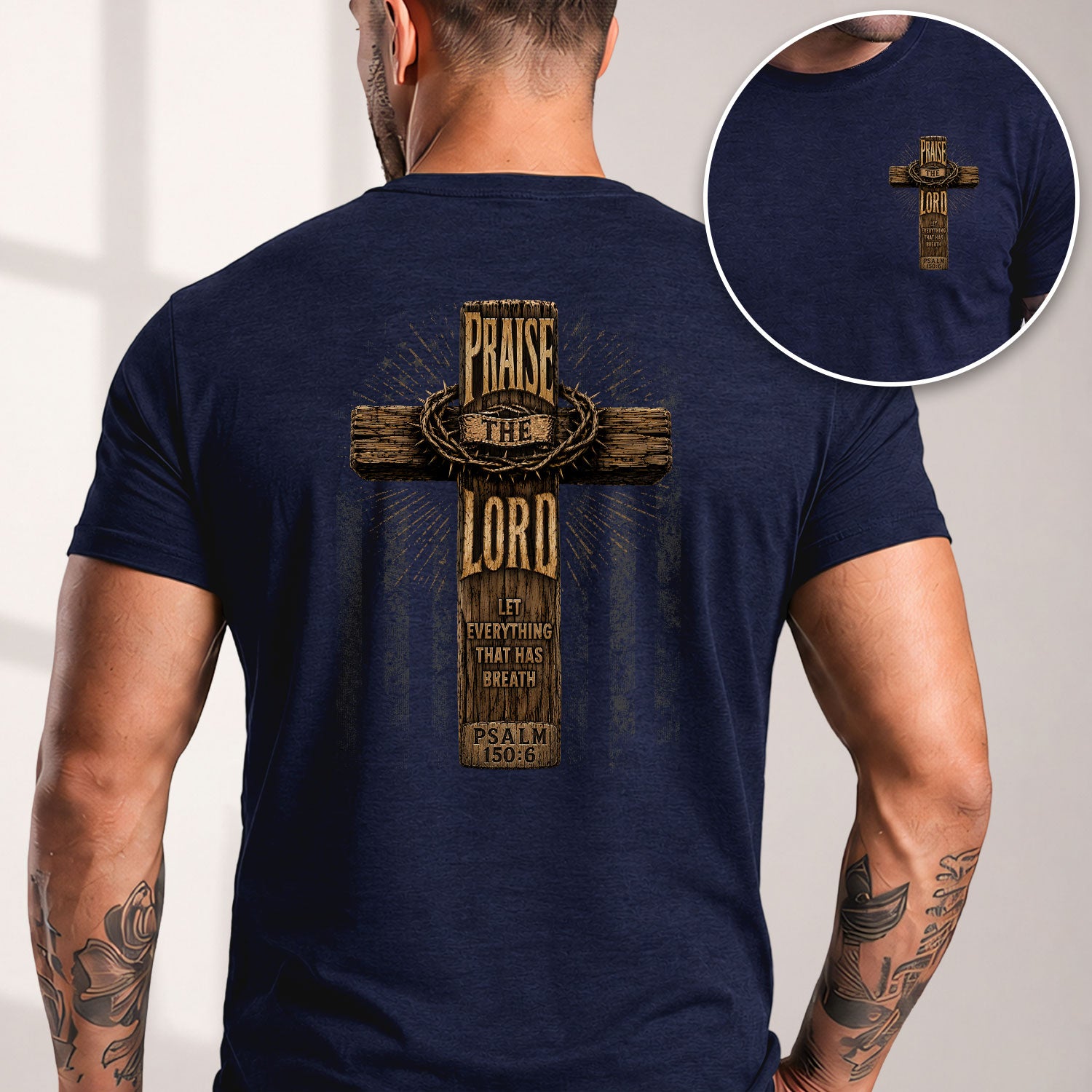 Praise The Lord Wooden Cross Scripture Christian Graphic Casual Crewneck Tee Shirt Men - Rust Field Wear