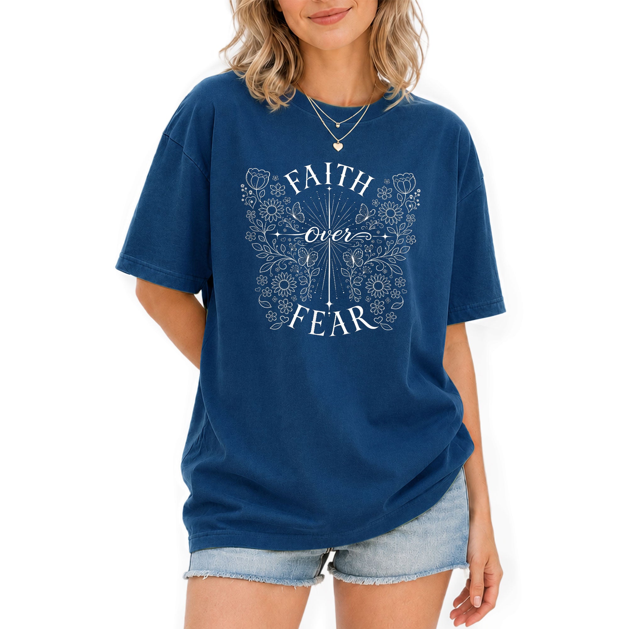 Faith Over Fear Shirt Christian Women Butterfly Floral Line Art Shirt Cross Jesus Graphic Tee - Rust Field Wear