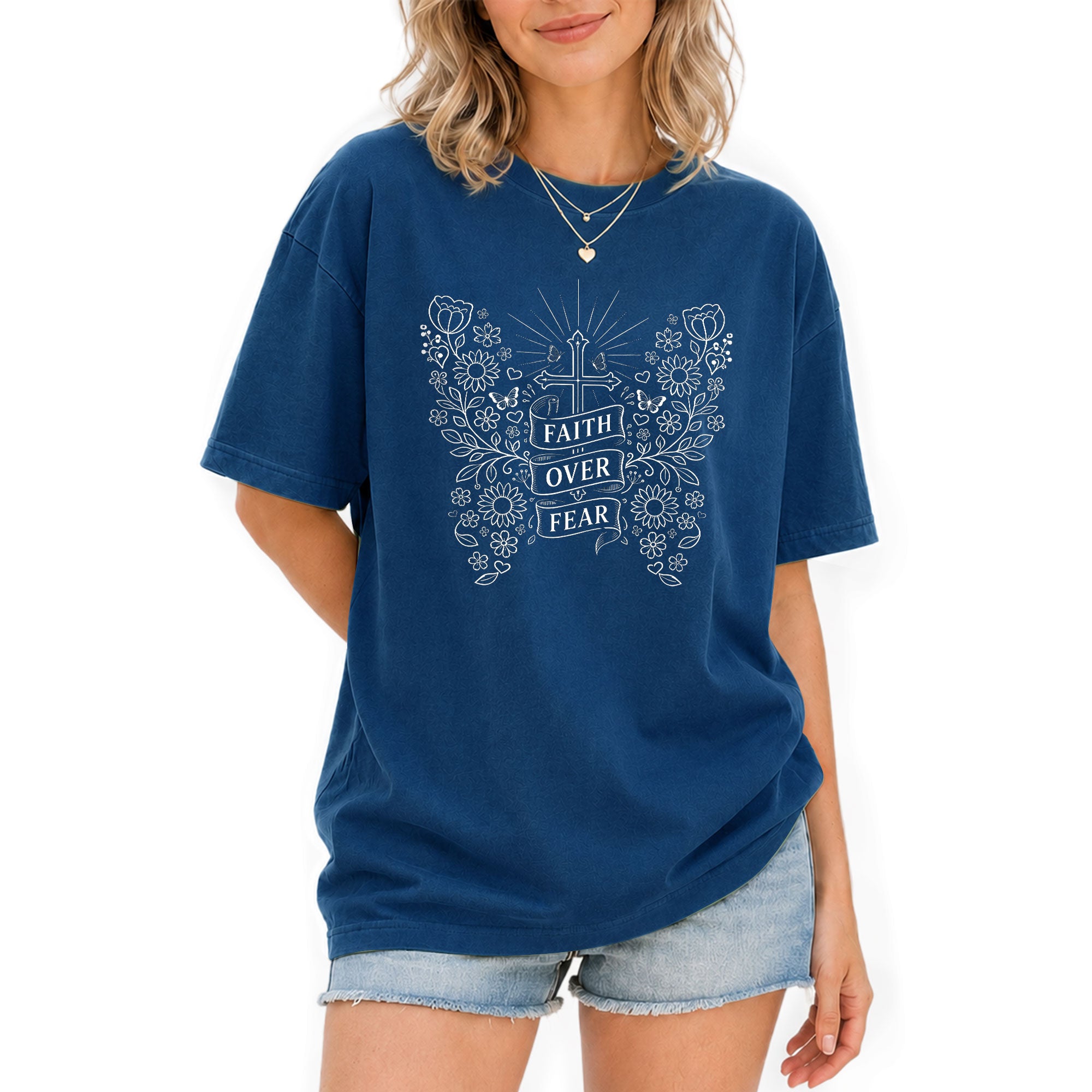 Faith Over Fear Shirt Christian Women Shirt Floral Butterfly Cross Aesthetic Jesus Tee - Rust Field Wear