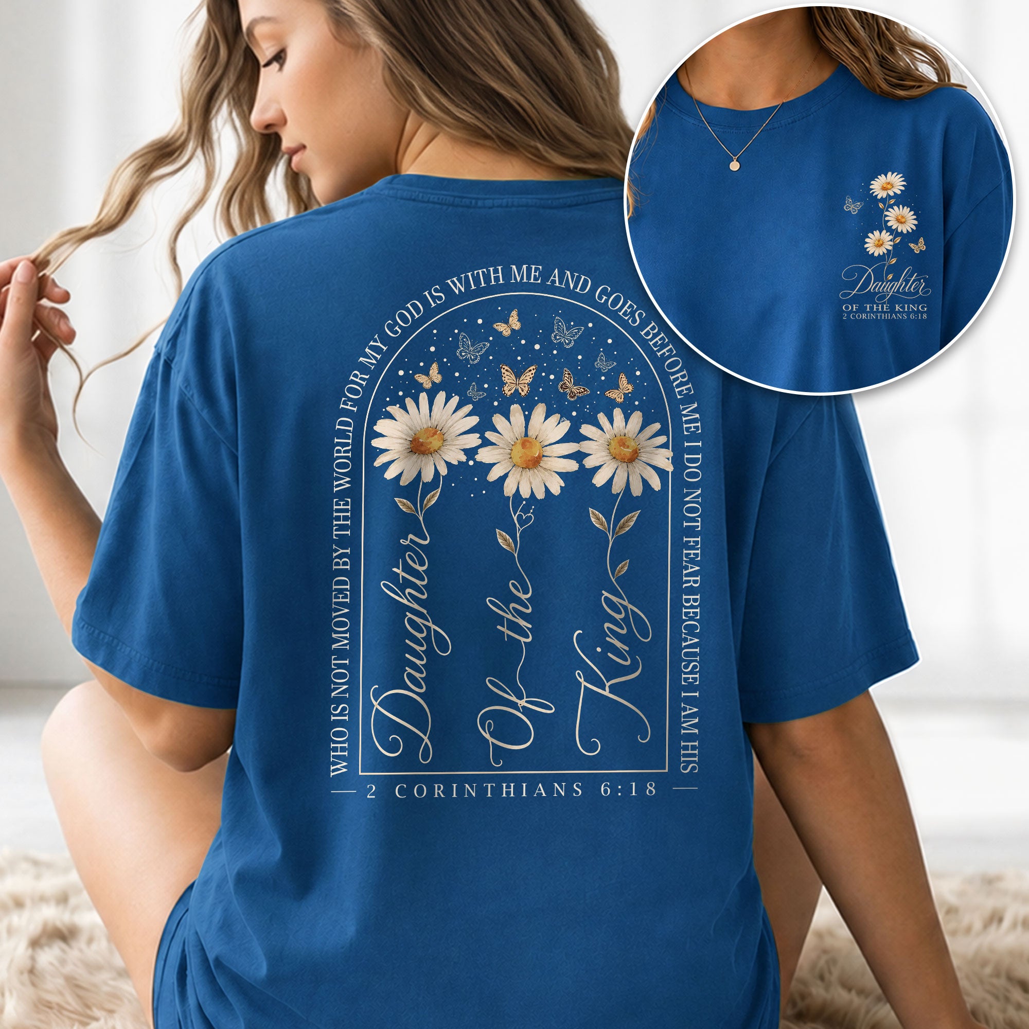 Daughter Of The King Daisy Butterfly Christian Graphic Everyday Tee Shirt For Women - Rust Field Wear