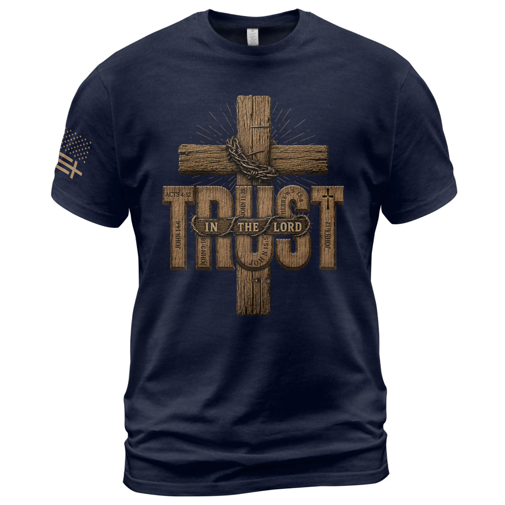 Trust In The Lord Mens Christian Shirt Wooden Cross Bible Verse Graphic T-Shirt - Rust Field Wear