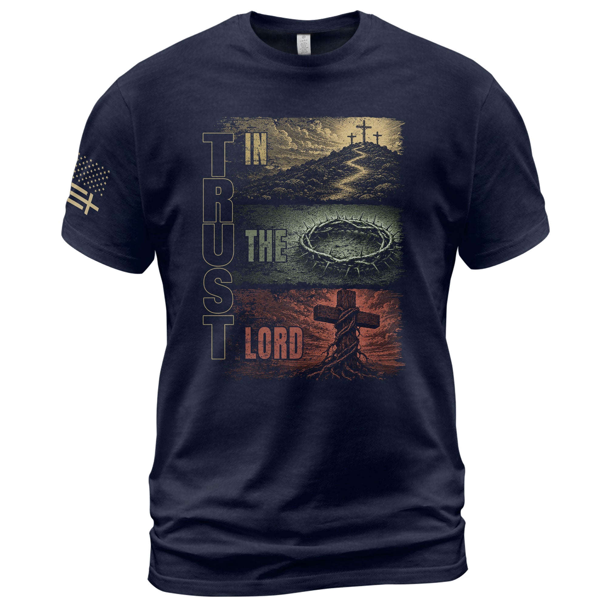 Trust In The Lord Shirt Mens Christian Calvary Cross Crown Thorns Religious Tee - Rust Field Wear