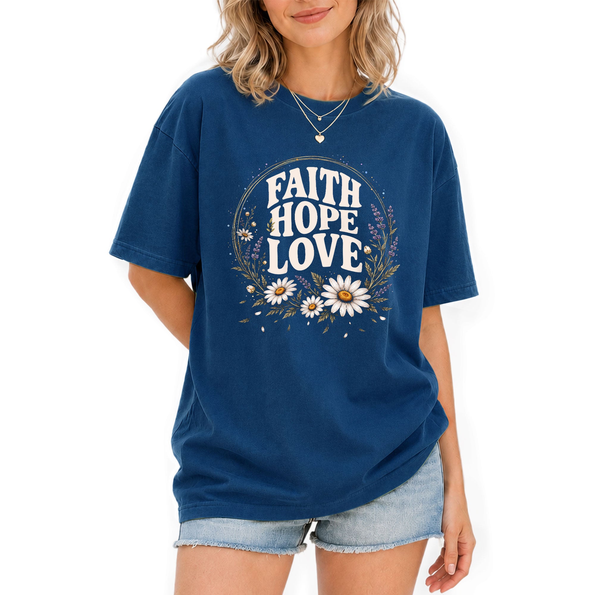 Faith Hope Love T-Shirt Christian Women Faith Shirt Floral Daisy Aesthetic Graphic - Rust Field Wear