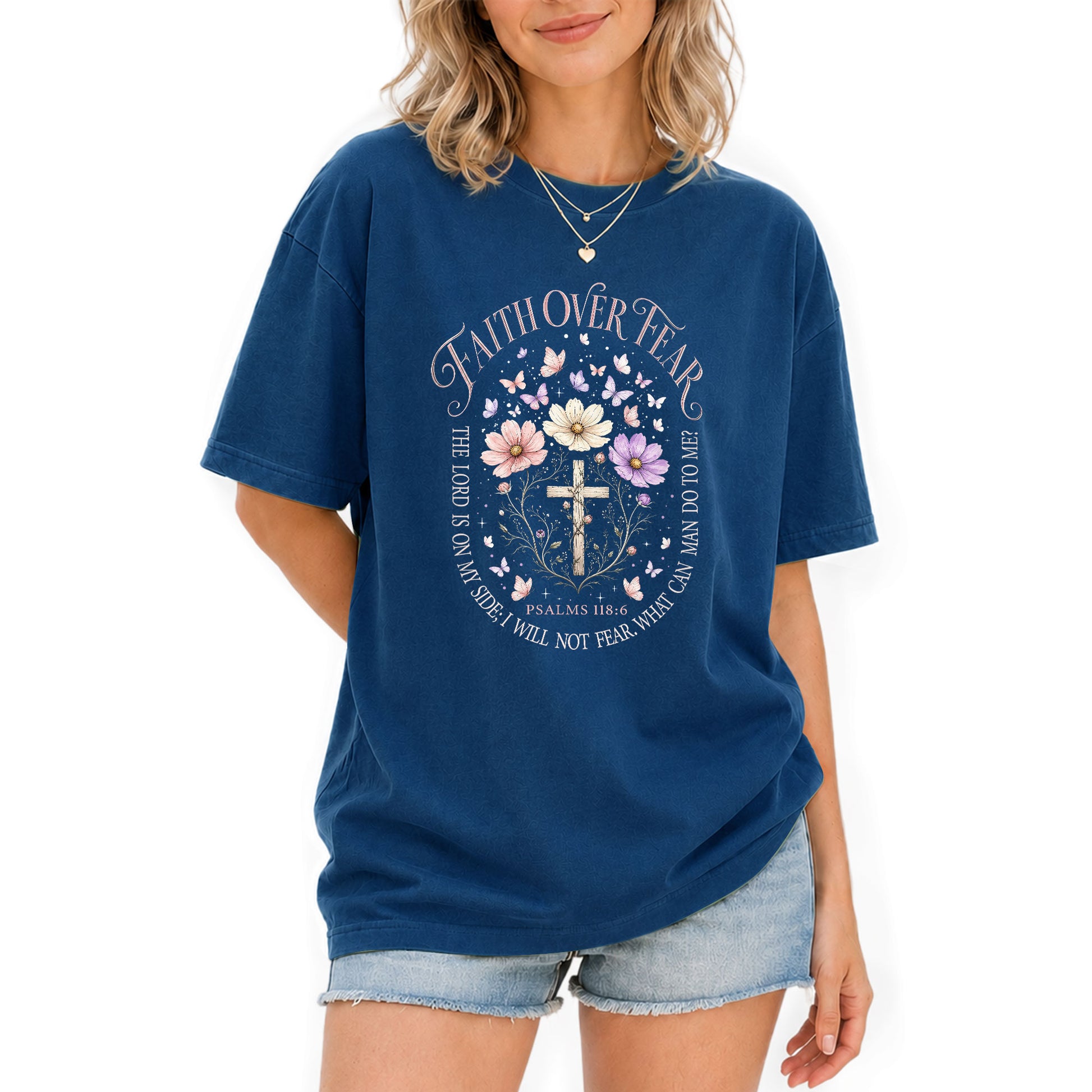Faith Over Fear Psalms 118:6 Floral Cross Christian Graphic Tee For Women Apparel - Rust Field Wear