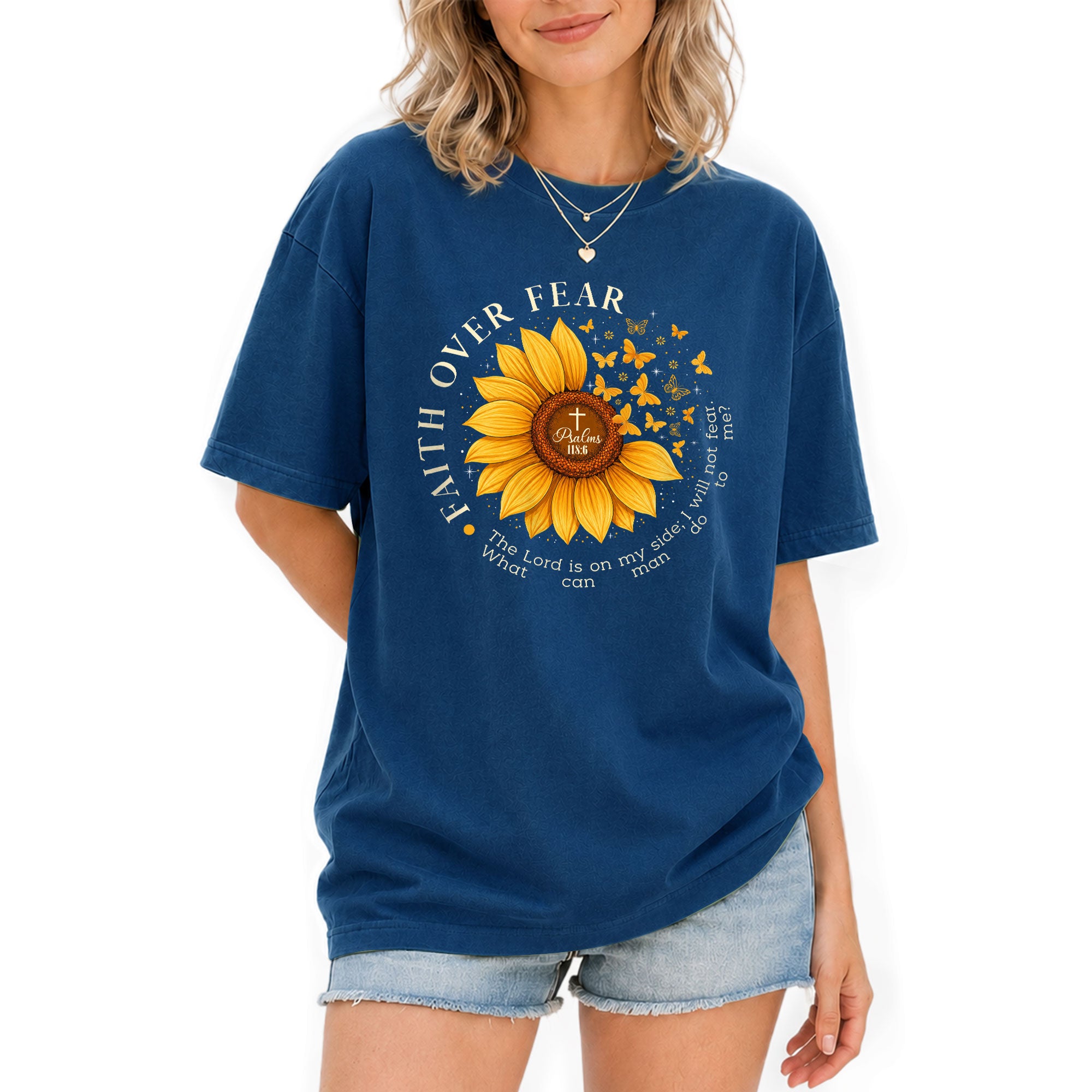 Faith Over Fear Psalms 118:6 Sunflower Butterfly Christian Graphic Tee For Women - Rust Field Wear