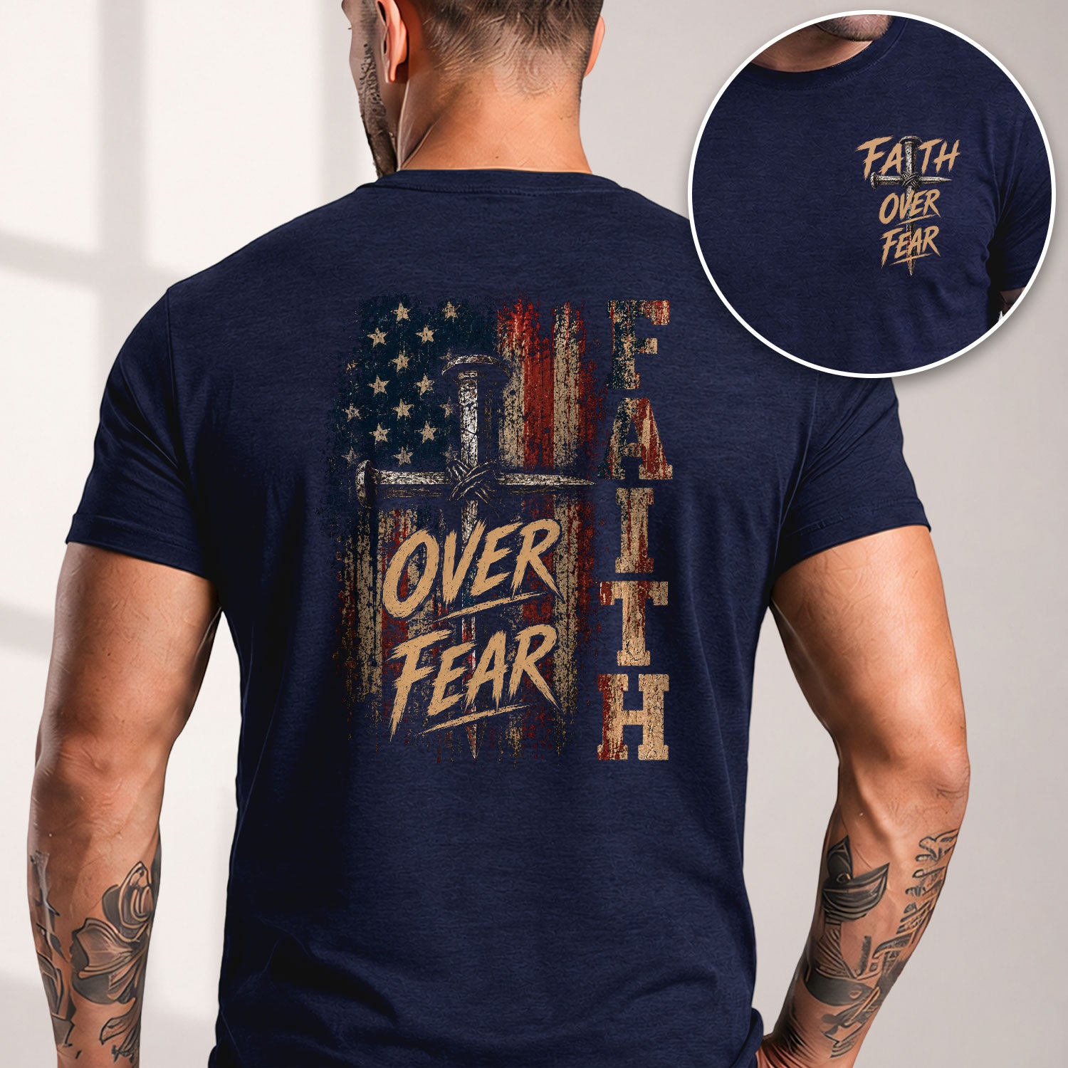 Faith Over Fear Nail Cross USA Flag Christian Graphic Tee Shirt For Men Clothing - Rust Field Wear