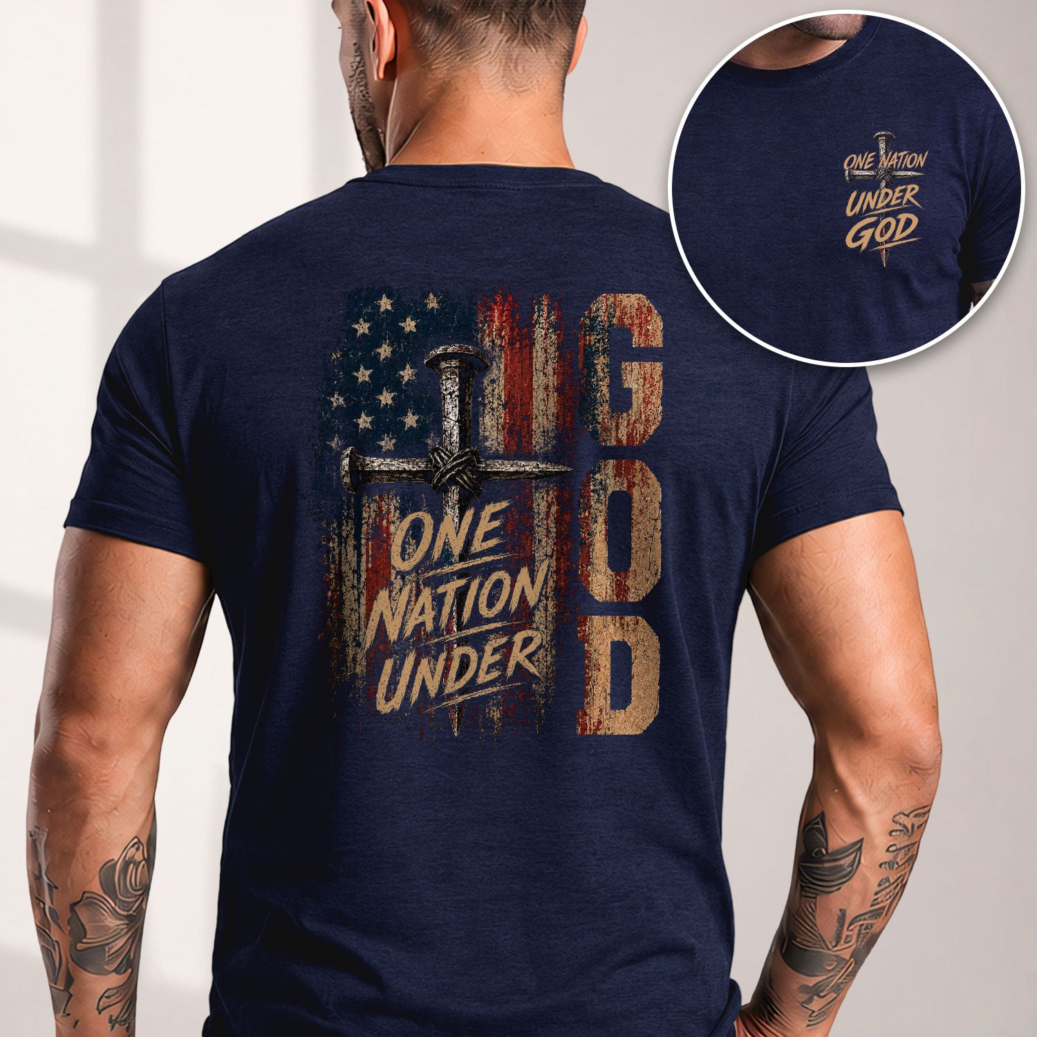 One Nation Under God Nail Cross USA Flag Christian Graphic Tee Shirt Men Faith Wear - Rust Field Wear