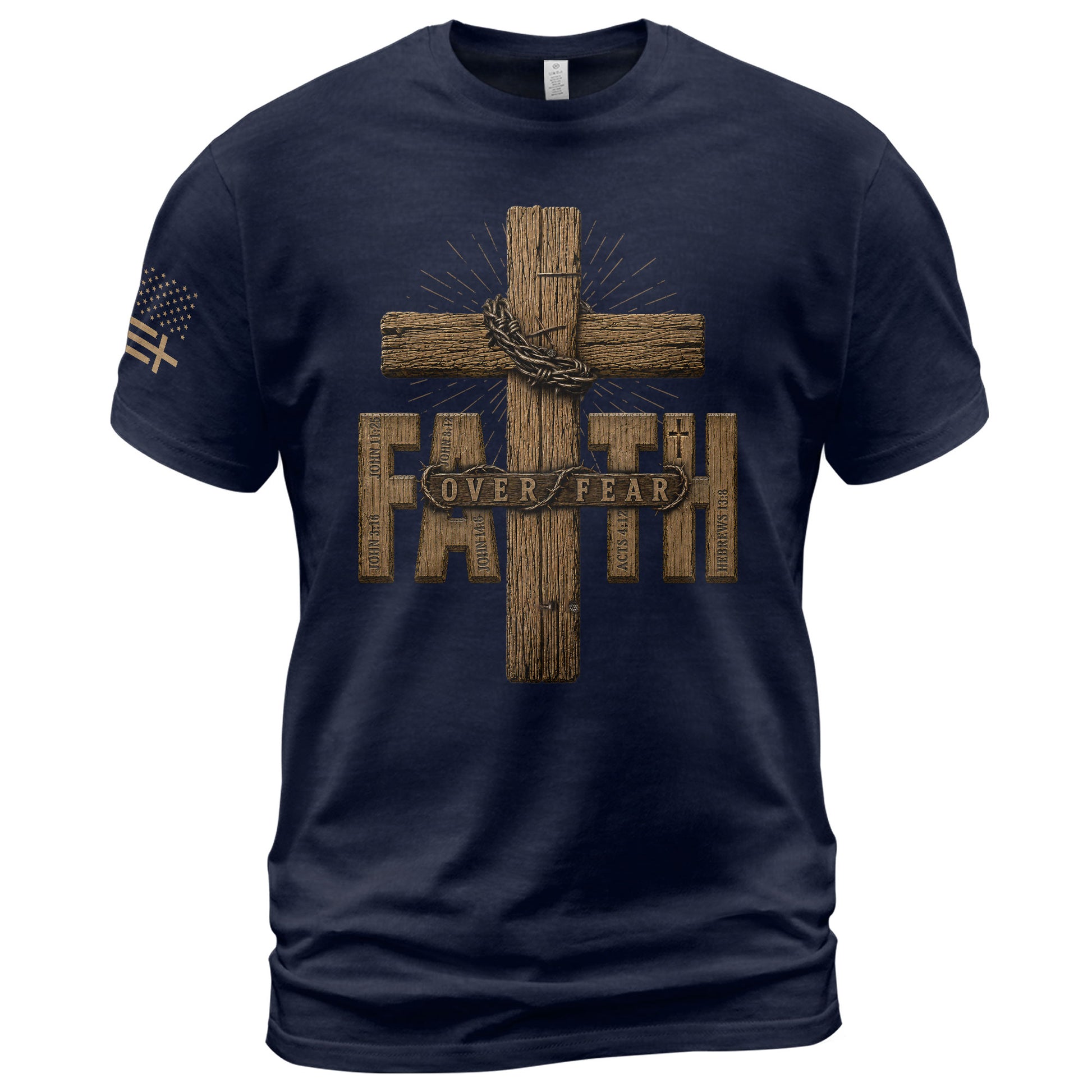 Faith Over Fear Wood Cross Scripture Christian Graphic Tee Shirt For Men Apparel - Rust Field Wear