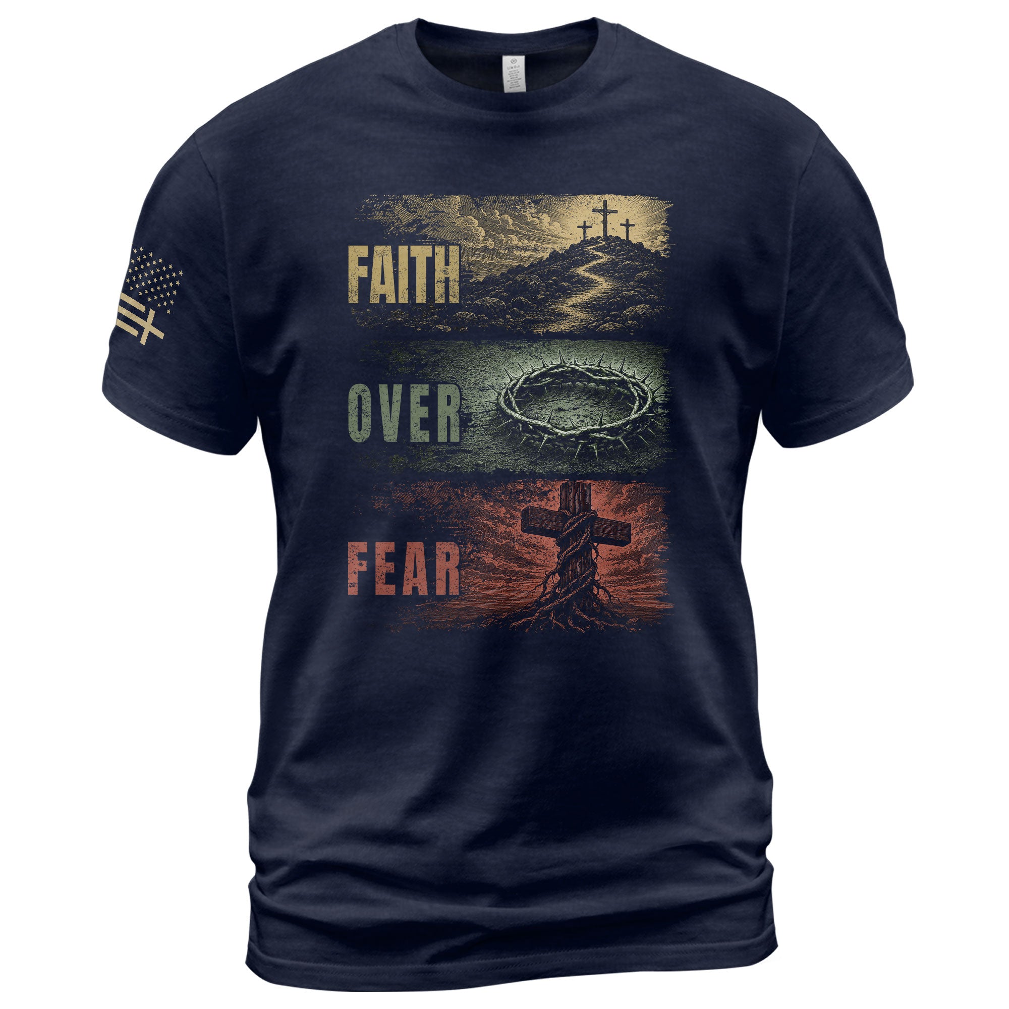 Faith Over Fear Three Panel Cross Crown Of Thorns Christian Graphic Tee Shirt For Men - Rust Field Wear
